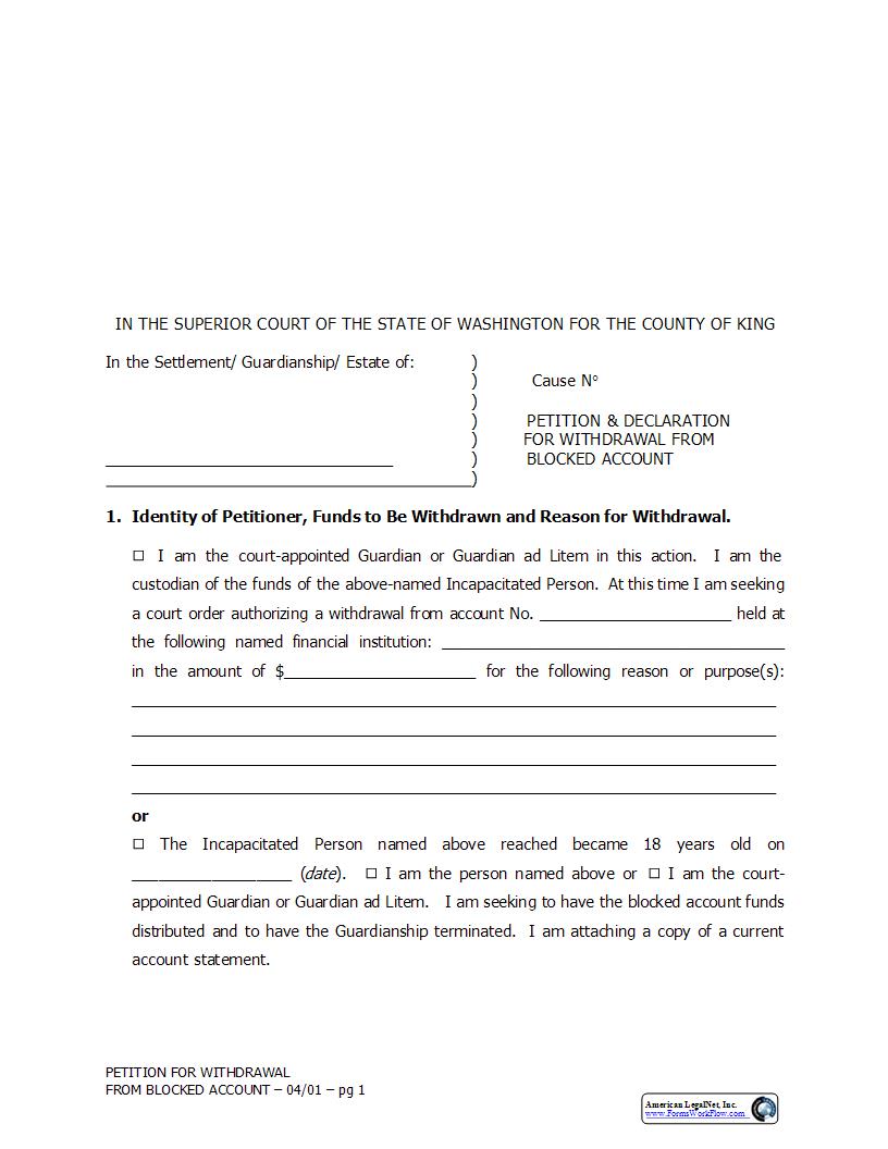 Petition And Declaration For Withdrawal From Blocked Account | Pdf Fpdf Docx | Washington