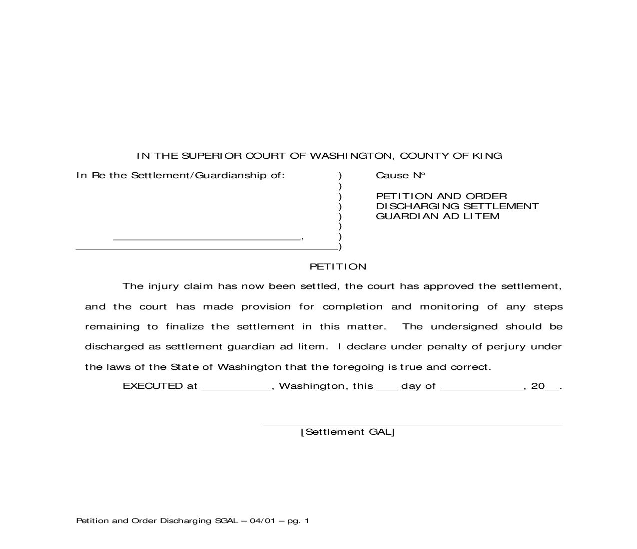 Petition And Order Discharging Settlement Guardian Ad Litem | Pdf Fpdf Doc Docx | Washington