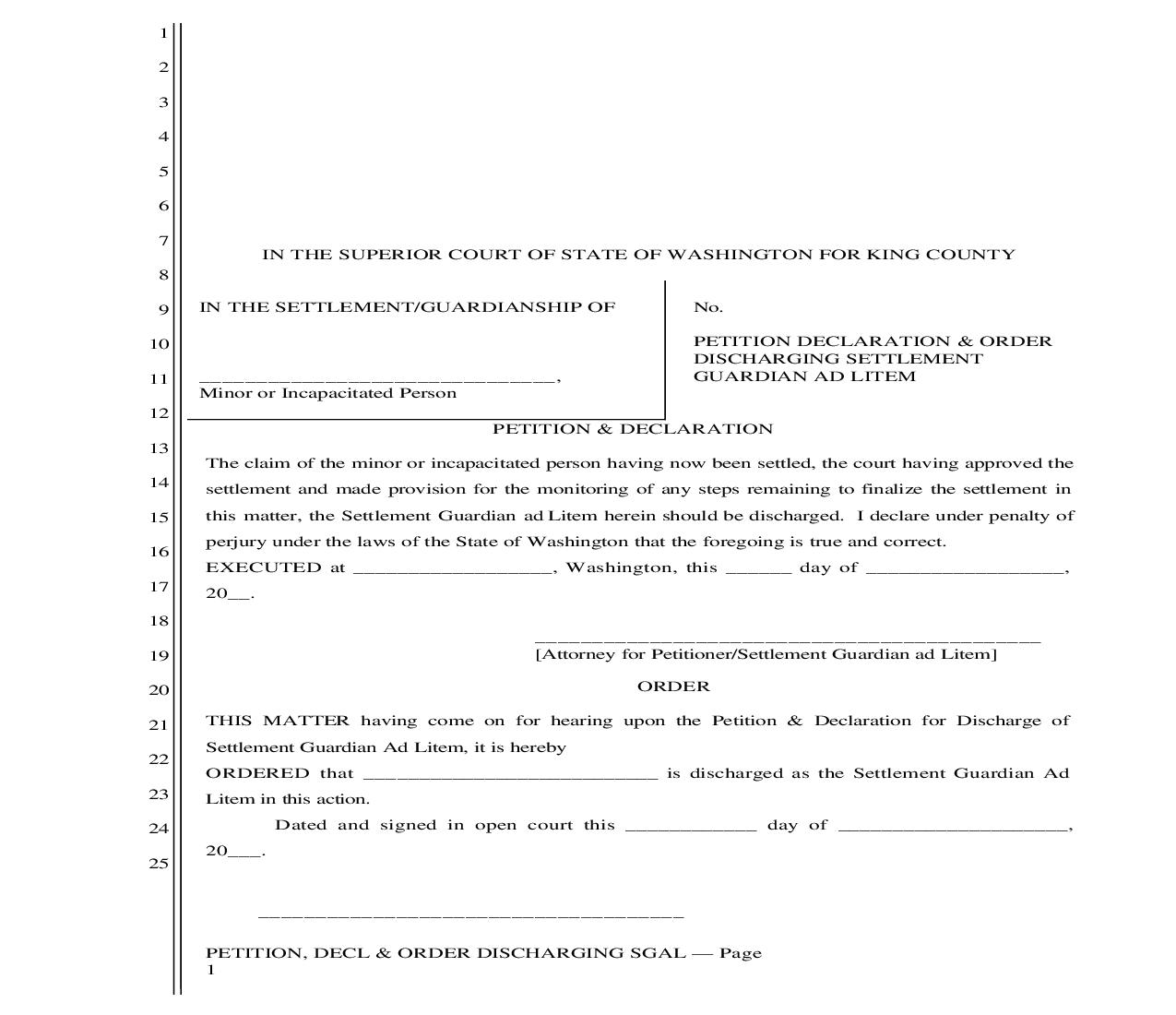 Petition Declaration And Order Discharging Settlement Guardian Ad Litem | Pdf Fpdf Doc Docx | Washington