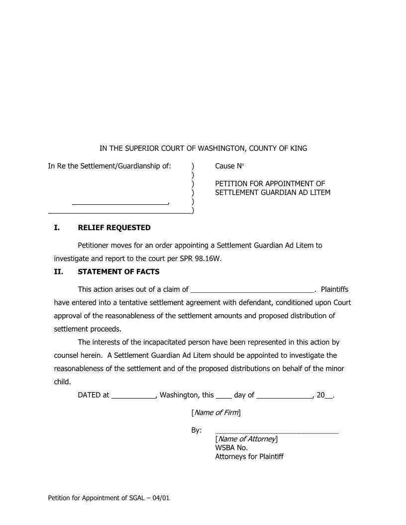 Petition For Appointment Of Settlement Guardian Ad Litem | Pdf Fpdf Doc Docx | Washington