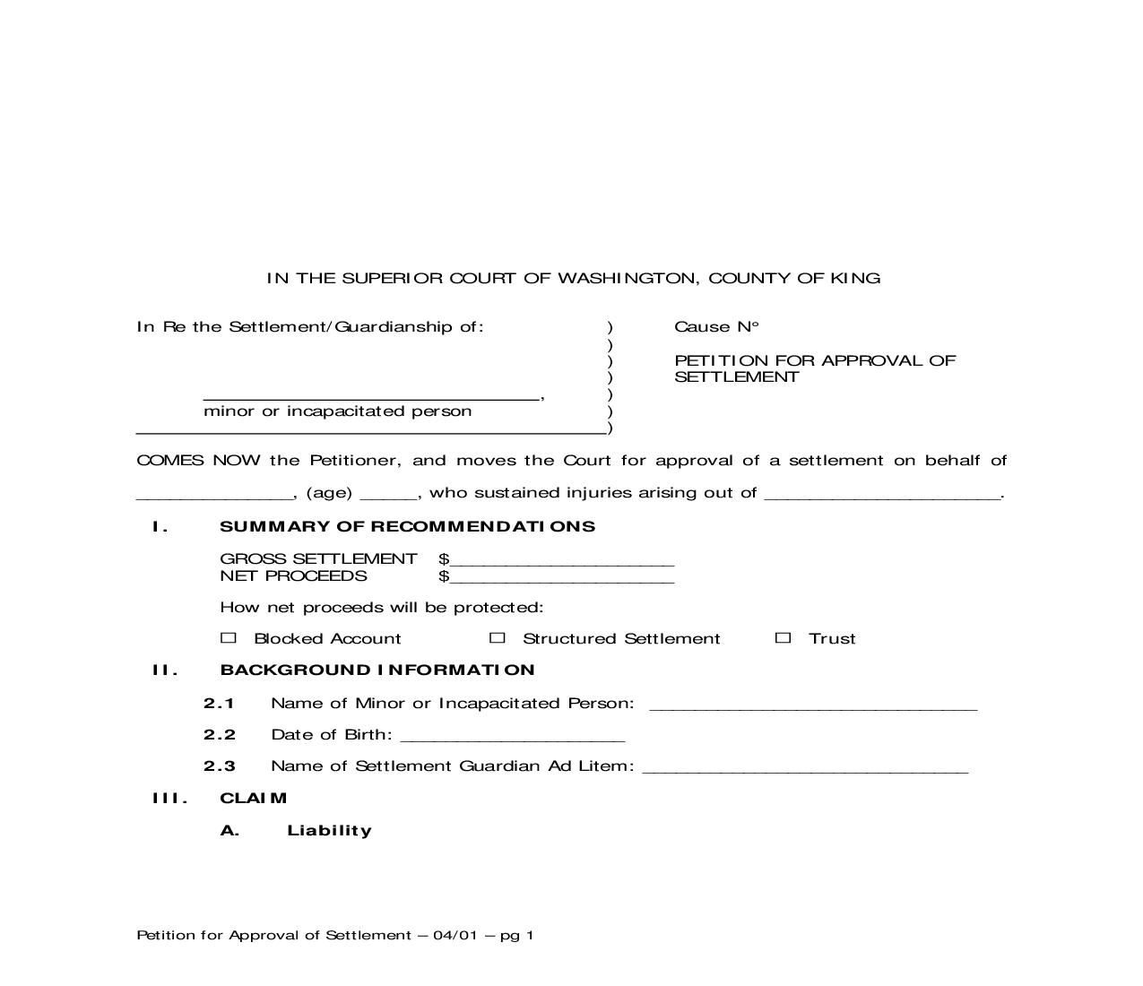 Petition For Approval Of Settlement | Pdf Fpdf Doc Docx | Washington