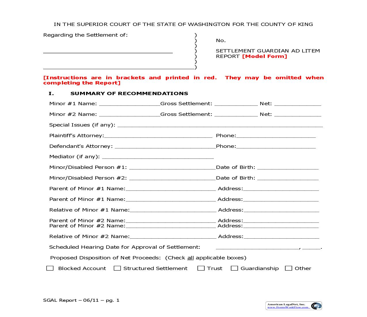 Settlement Guardian Ad Litem Report (Sample And Form) | Pdf Fpdf Doc Docx | Washington