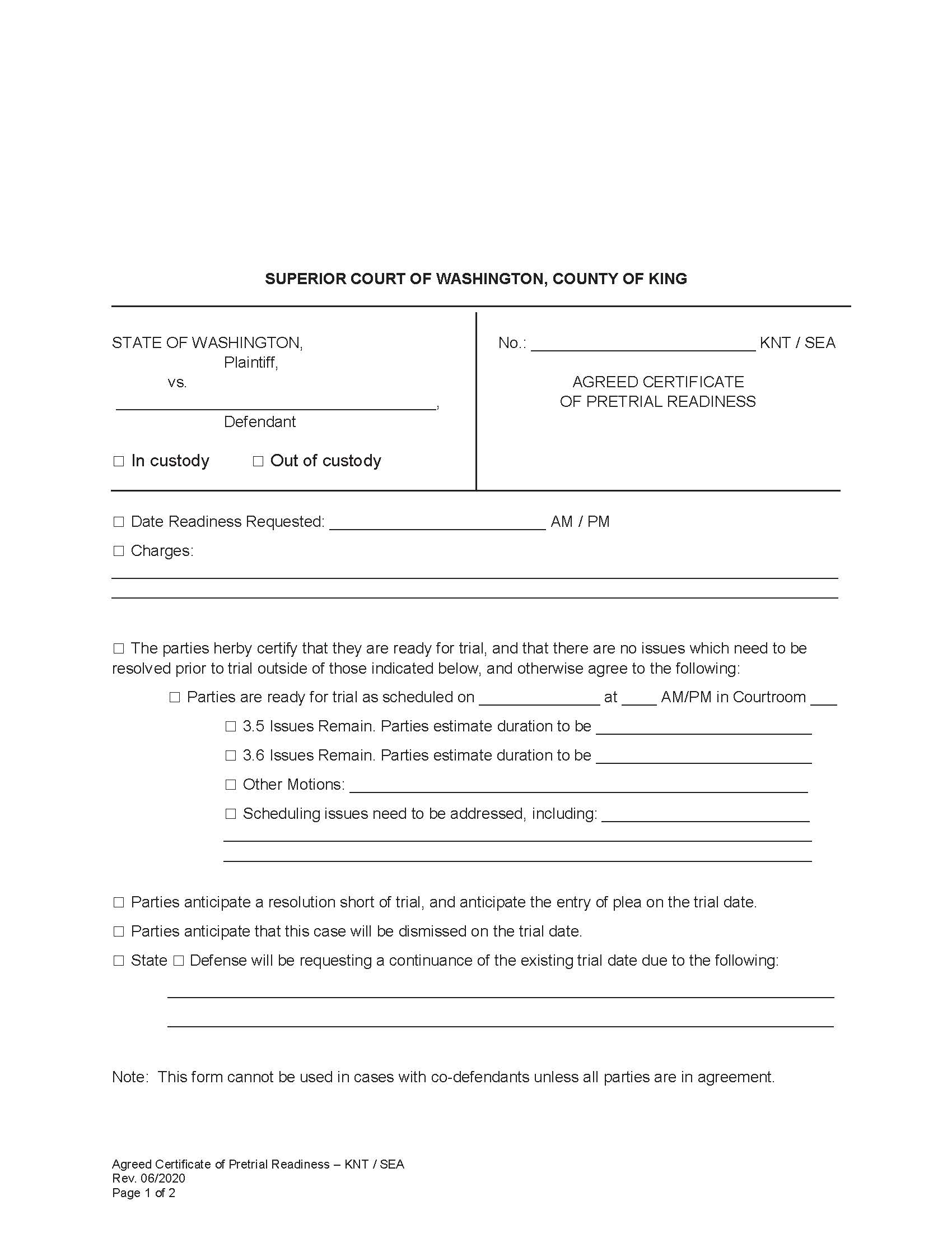 Agreed Certificate Of Pretrial Readiness | Pdf Fpdf Doc Docx | Washington