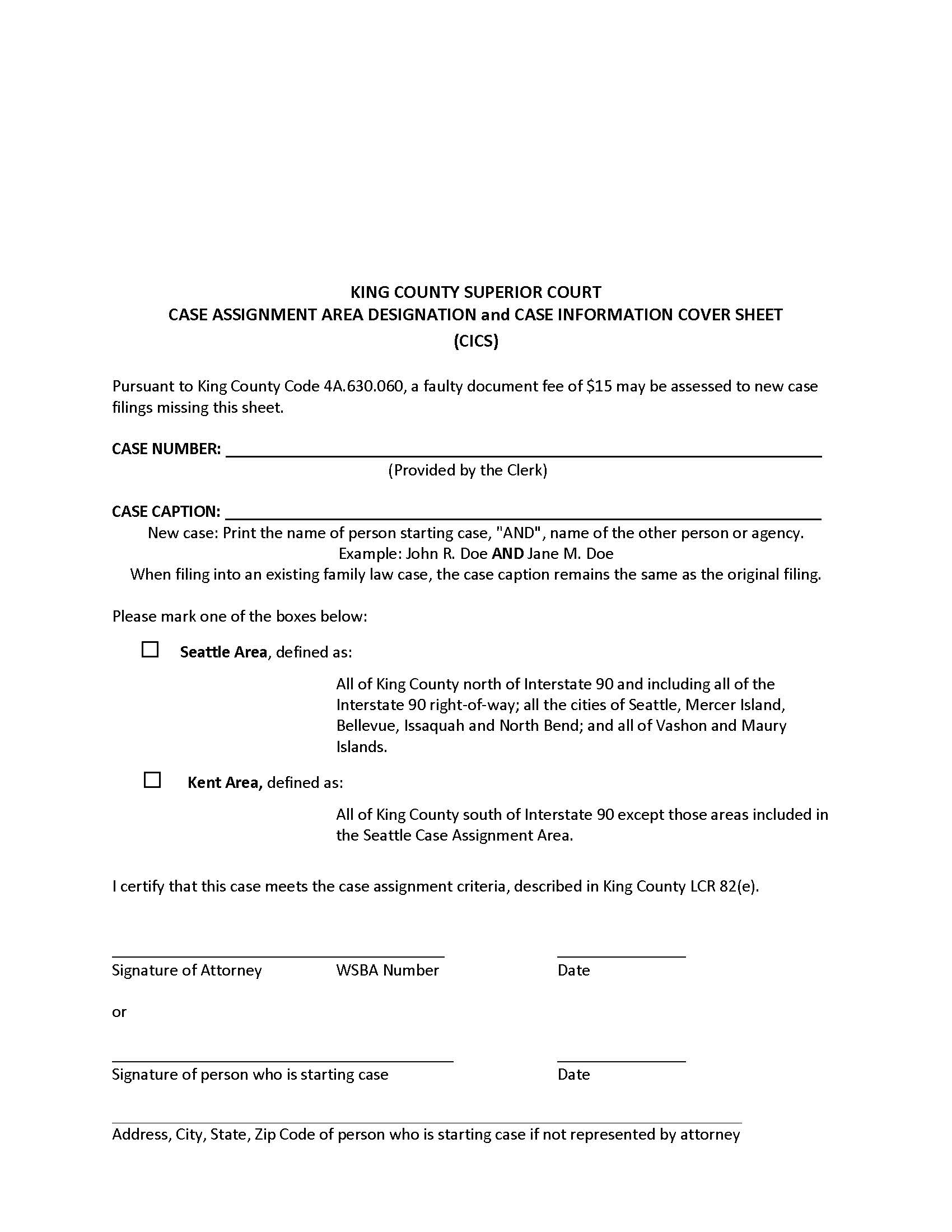 Case Assignment Area Designation And Case Information Cover Sheet Family Law | Pdf Fpdf Docx | Washington