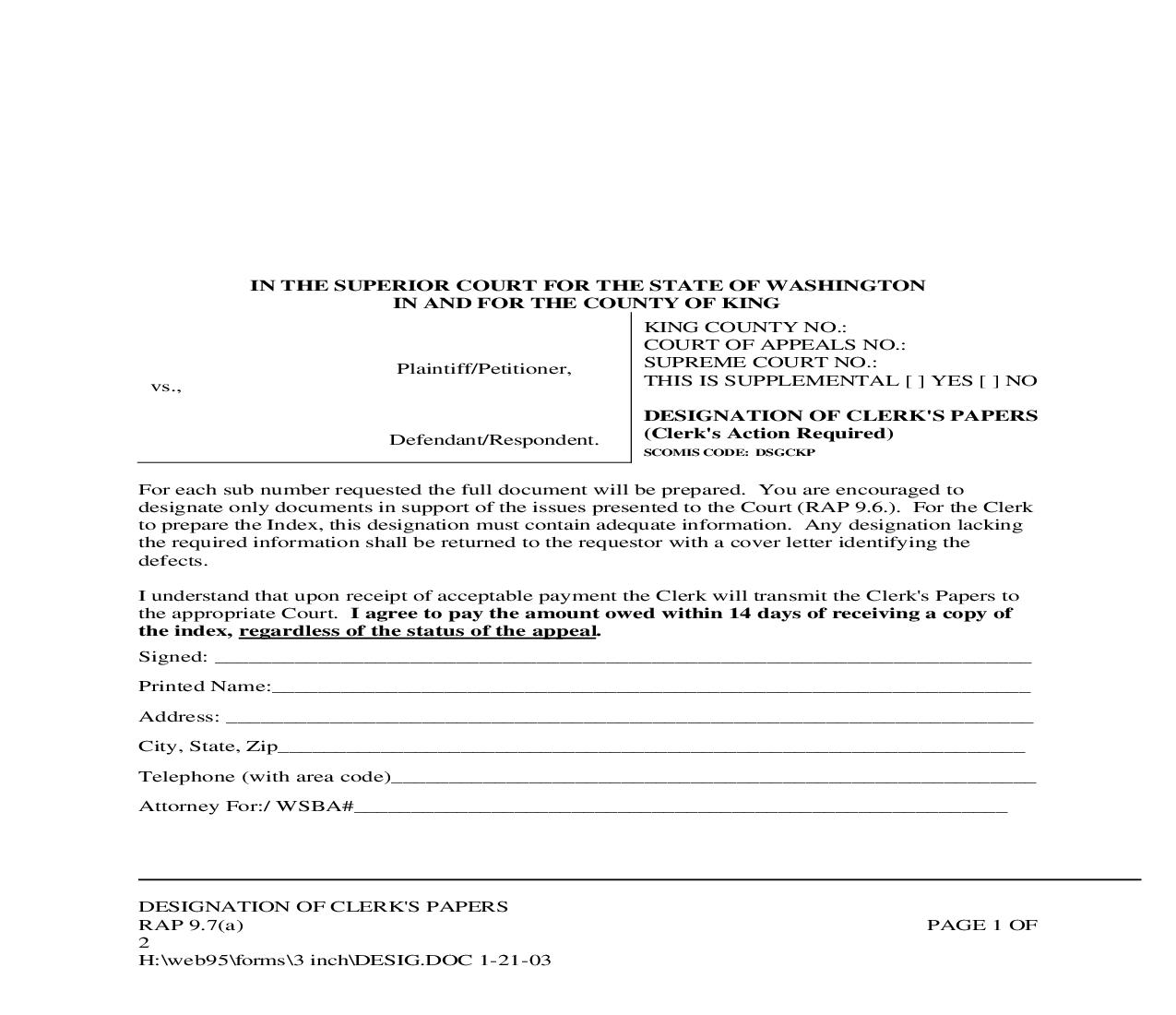 Designation Of Clerks Papers | Pdf Fpdf Doc Docx | Washington