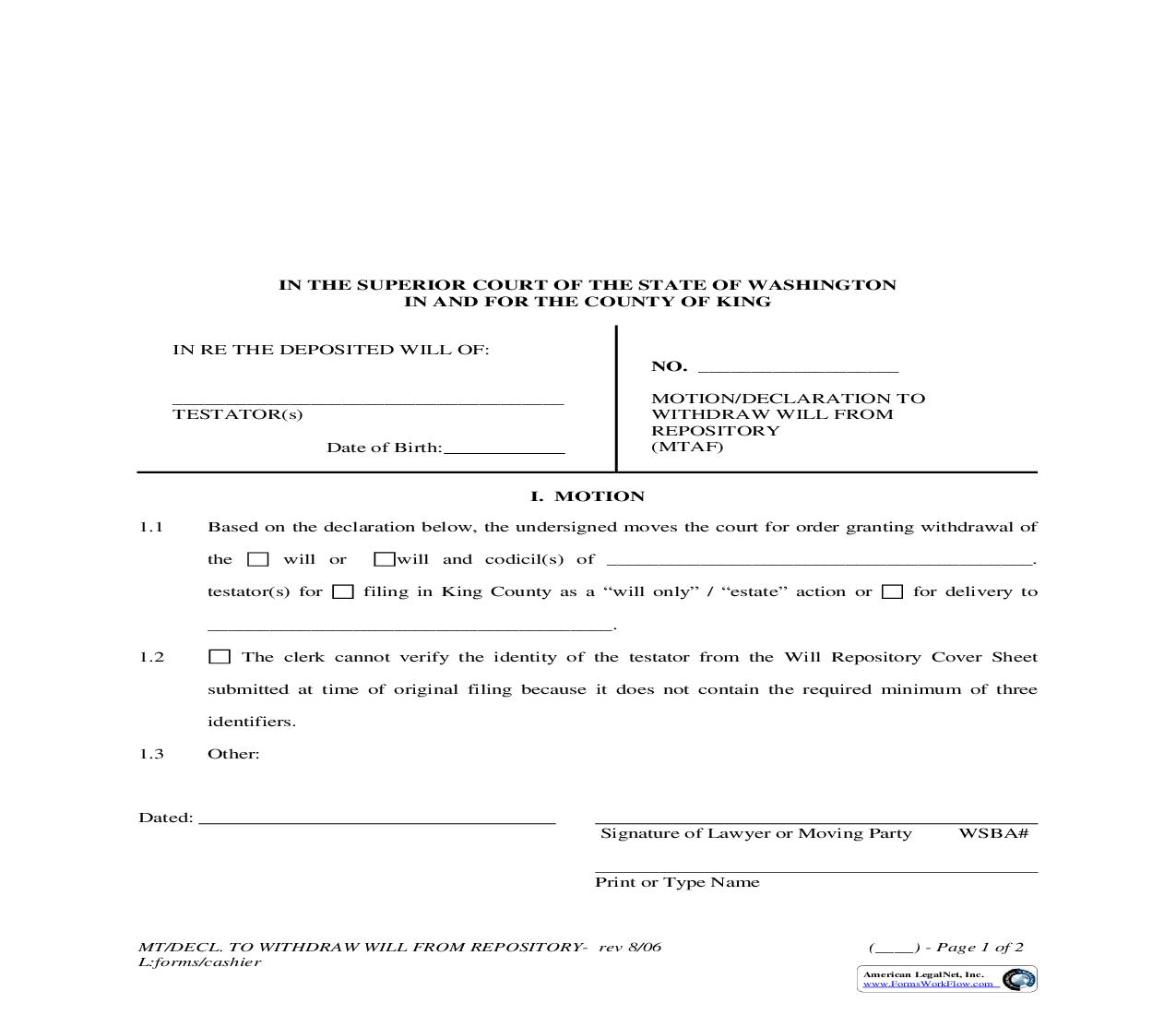 Motion-Declaration To Withdraw Will From Repository | Pdf Fpdf Doc Docx | Washington