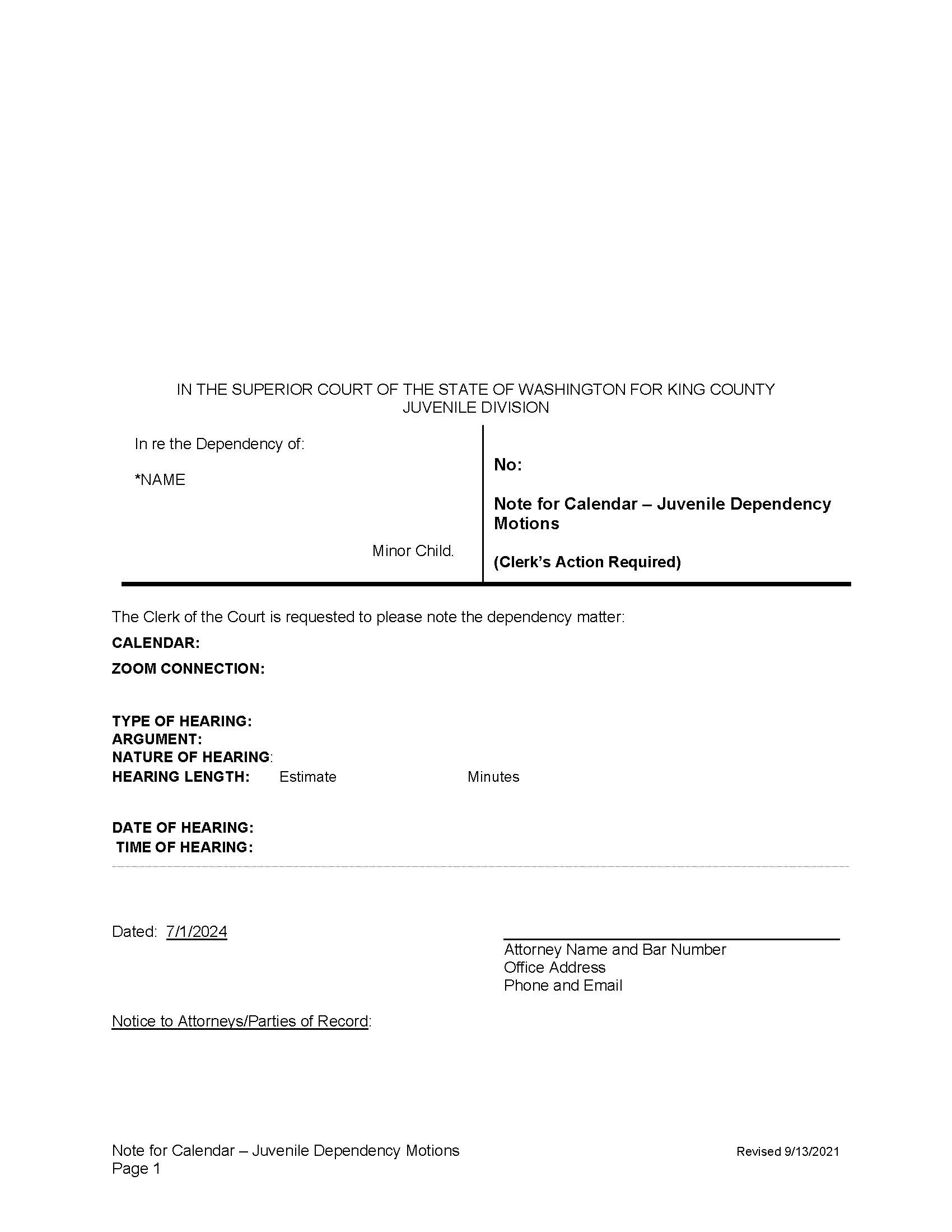 Note For Calendar Juvenile Dependency Motions | Pdf Fpdf Docx | Washington
