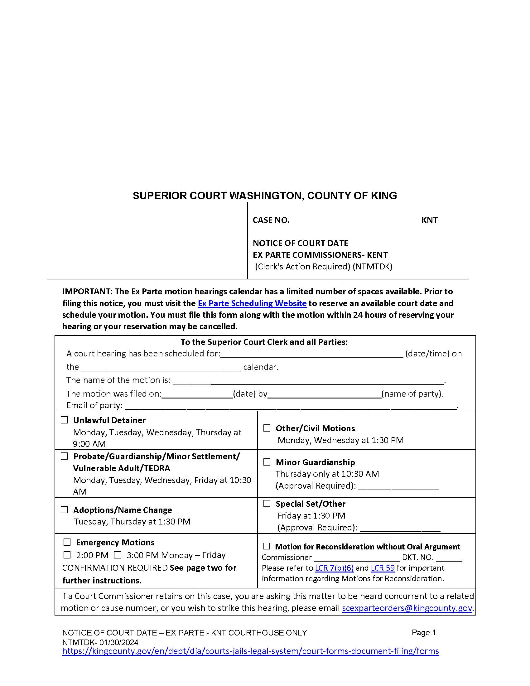 Notice Of Court Date Ex Parte Commissioners Kent | Pdf Fpdf Docx | Washington