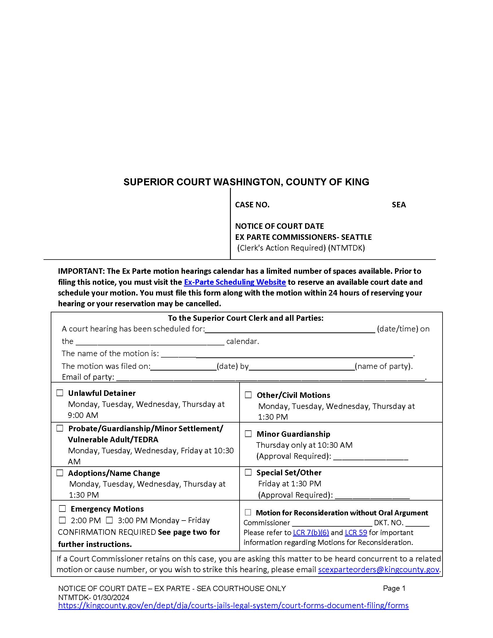 Notice Of Court Date Ex Parte Commissioners Seattle | Pdf Fpdf Docx | Washington