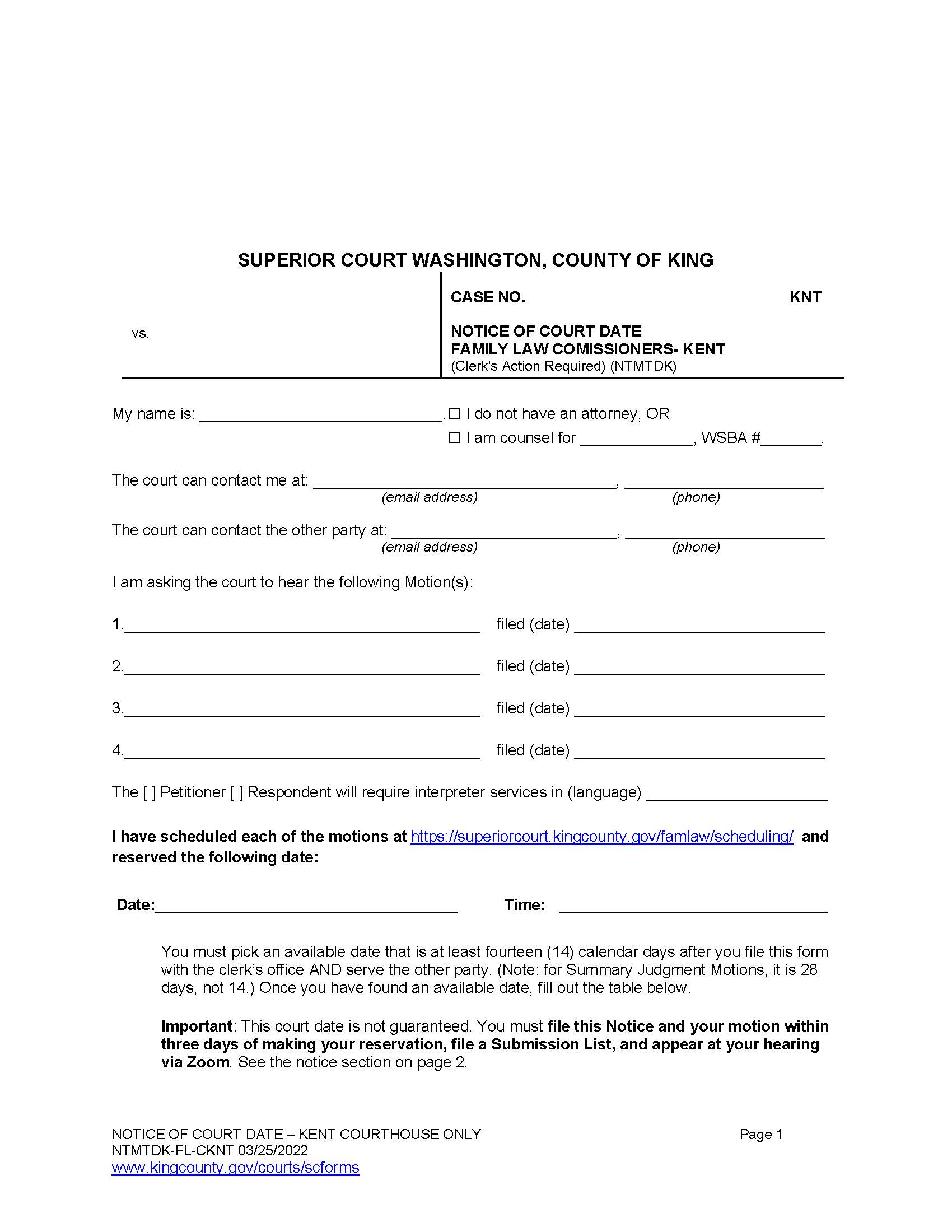Notice Of Court Date Family Law Commisioners Kent | Pdf Fpdf Docx | Washington