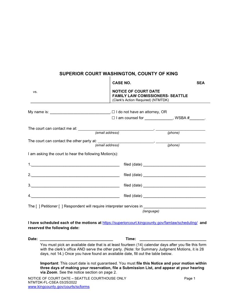 Notice Of Court Date Family Law Commisioners Seattle | Pdf Fpdf Docx | Washington