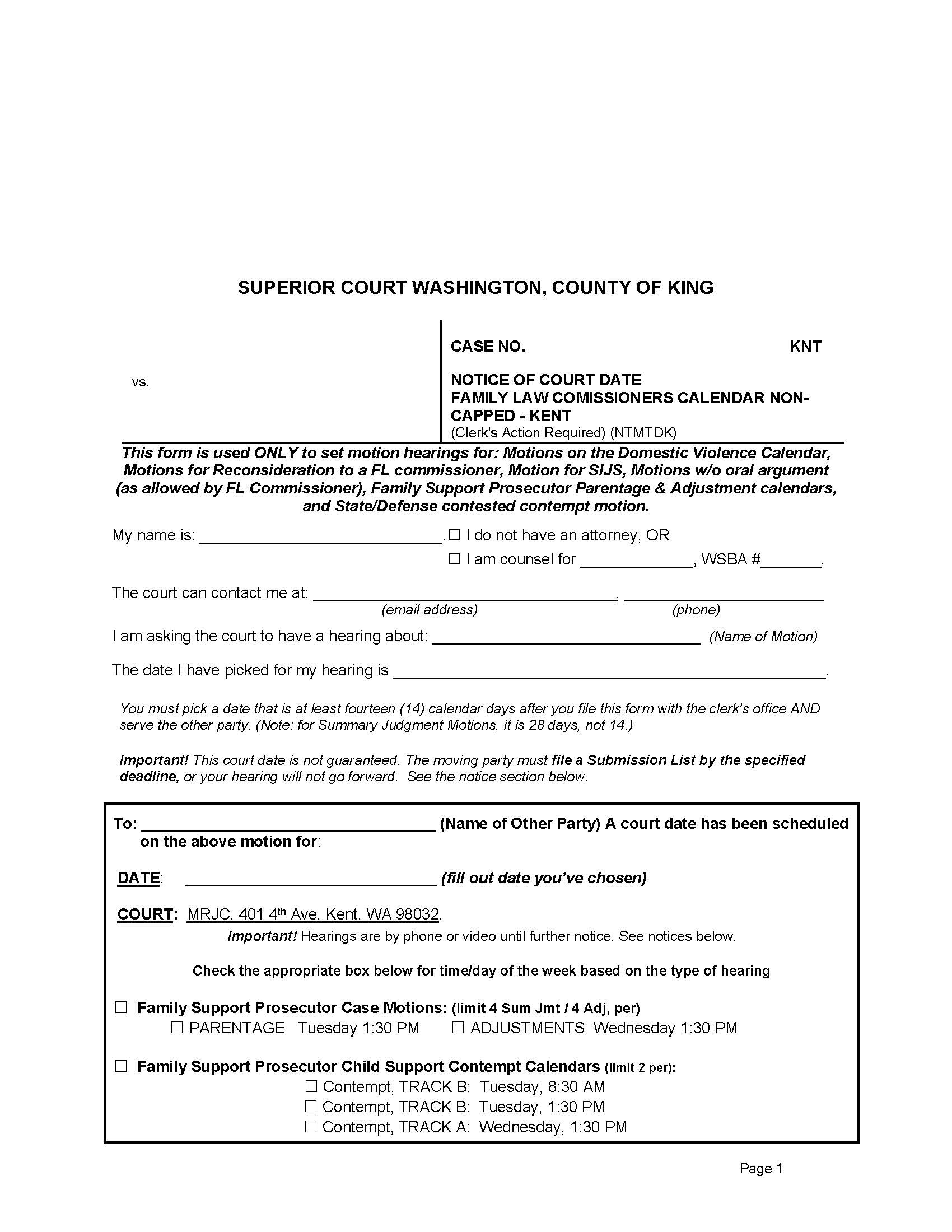 Notice Of Court Date-Family Law Non-Capped-Kent | Pdf Fpdf Docx | Washington