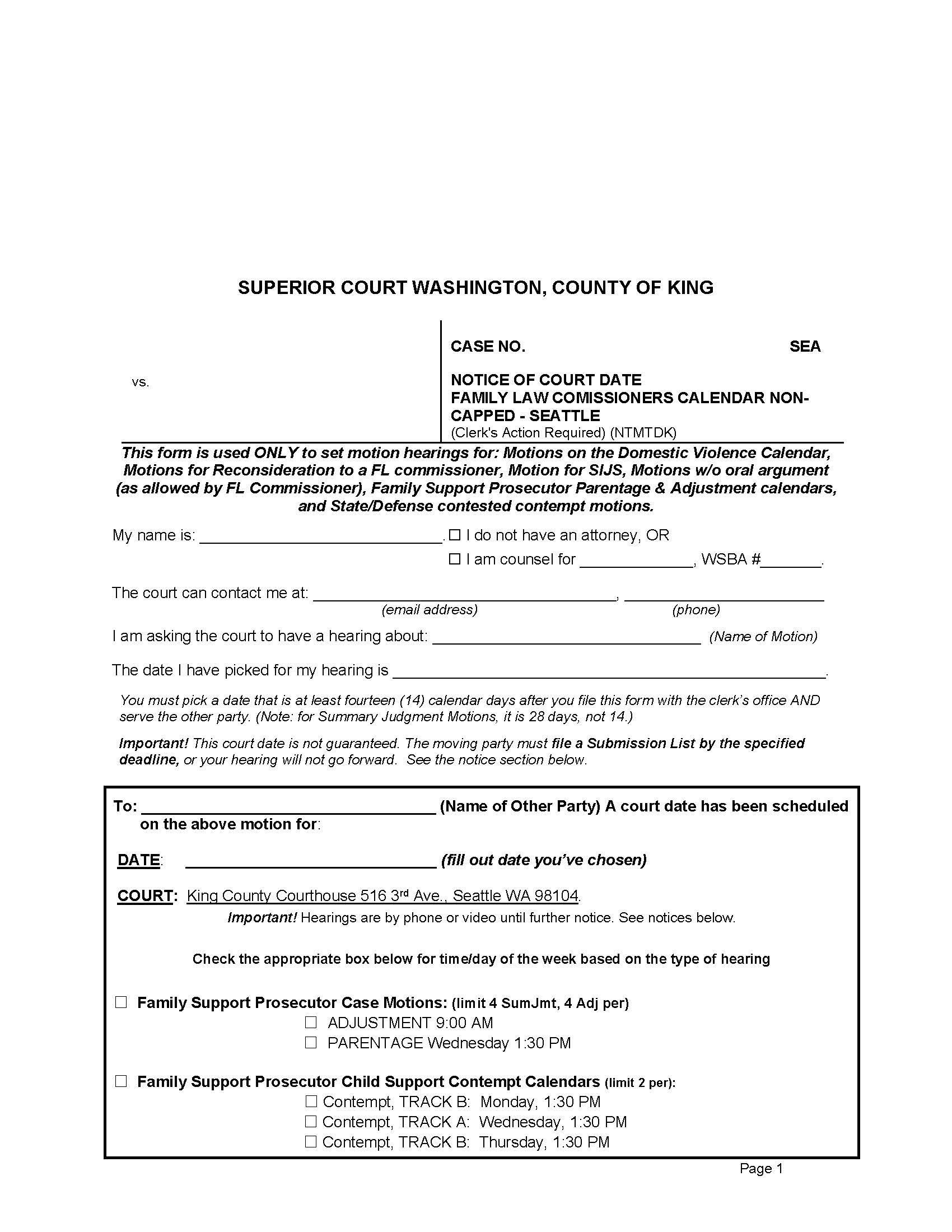Notice Of Court Date-Family Law Non-Capped-Seattle | Pdf Fpdf Docx | Washington