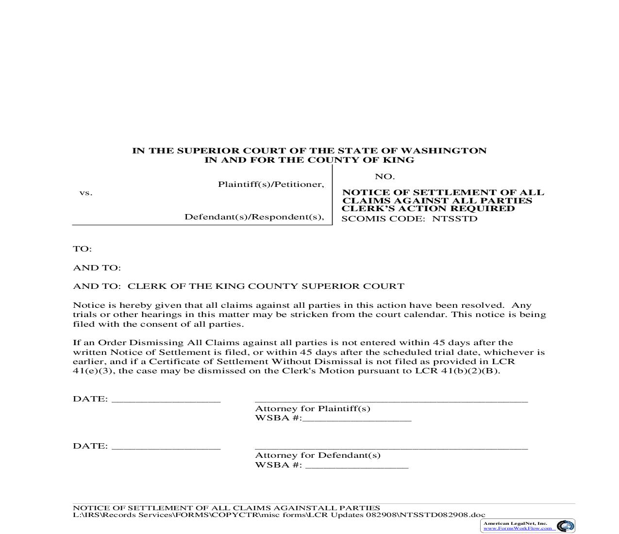 Notice Of Settlement Of All Claims Against All Parties | Pdf Fpdf Doc Docx | Washington
