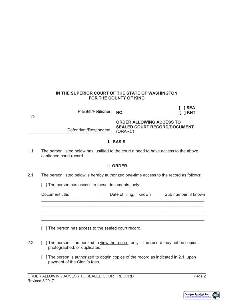 Order Allowing Access To Sealed Court File | Pdf Fpdf Docx | Washington