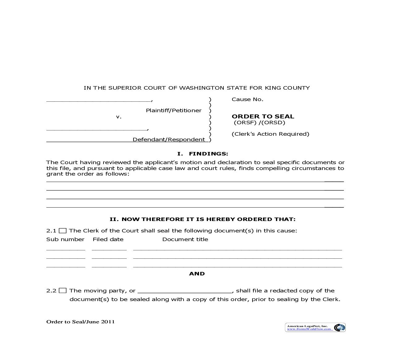 Order To Seal | Pdf Fpdf Doc Docx | Washington