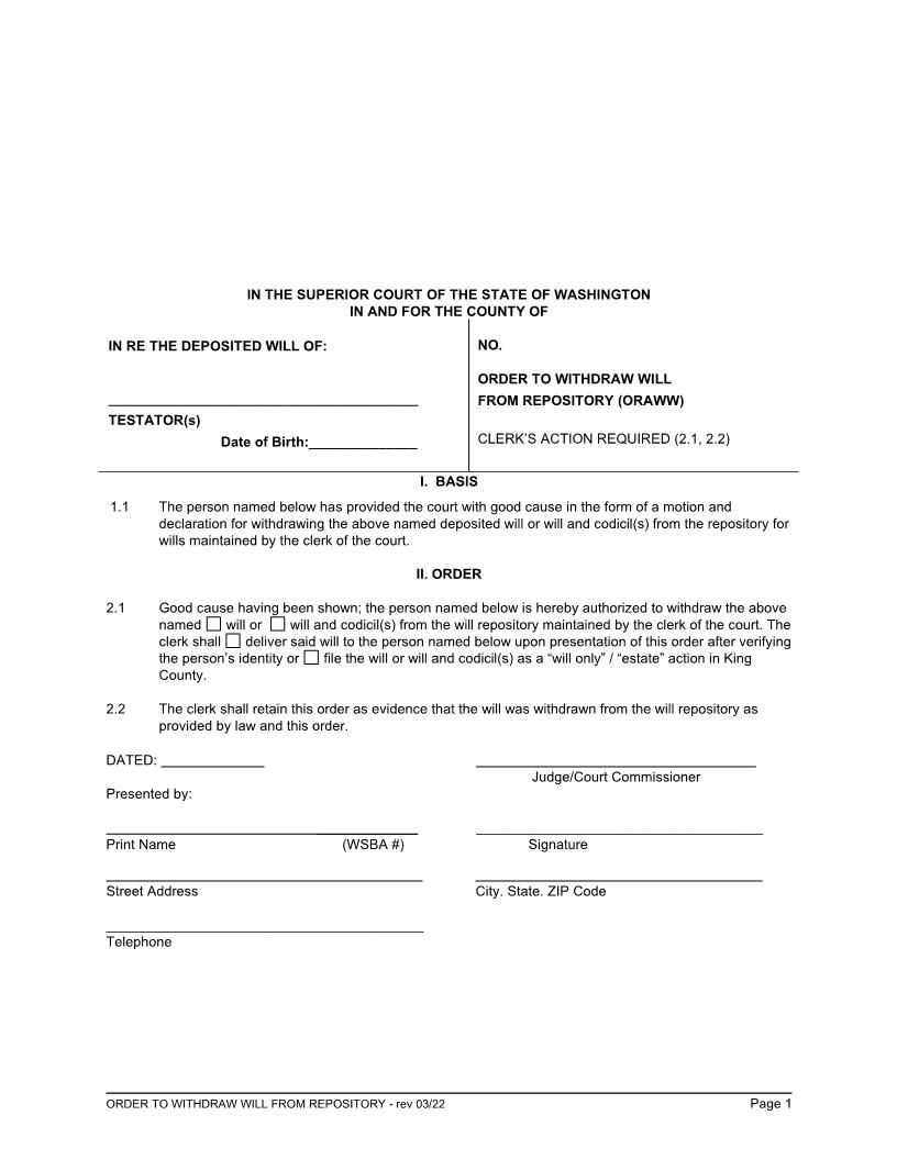 Order To Withdraw Will From Repository | Pdf Fpdf Doc Docx | Washington
