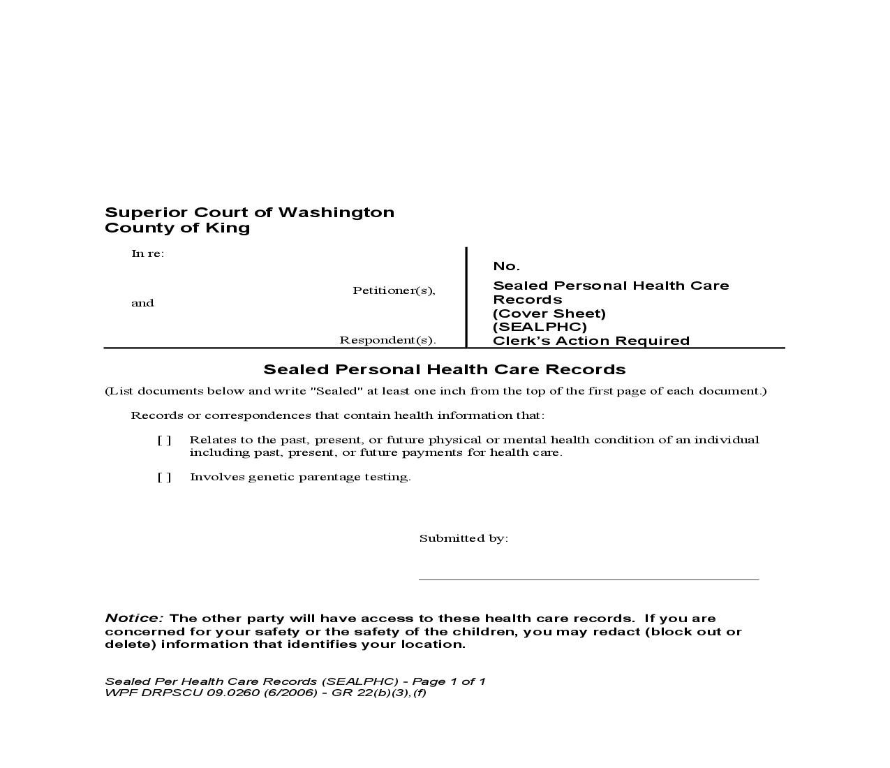 Sealed Personal Health Care Records (Cover Sheet) | Pdf Fpdf Doc Docx | Washington