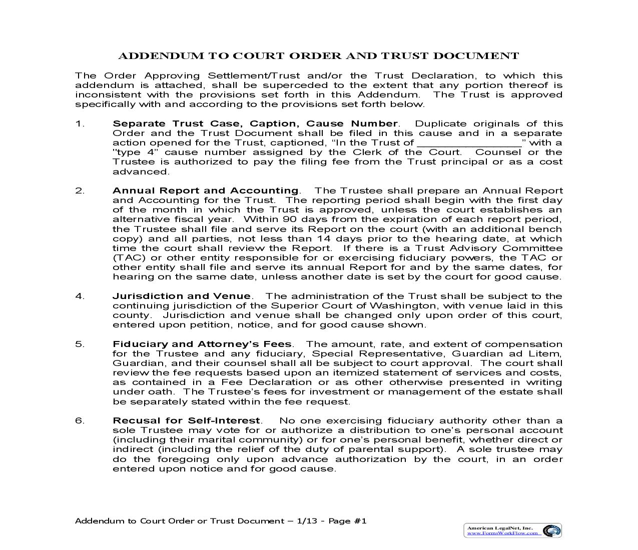 Addendum To Court Order And Trust Document | Pdf Fpdf Doc Docx | Washington