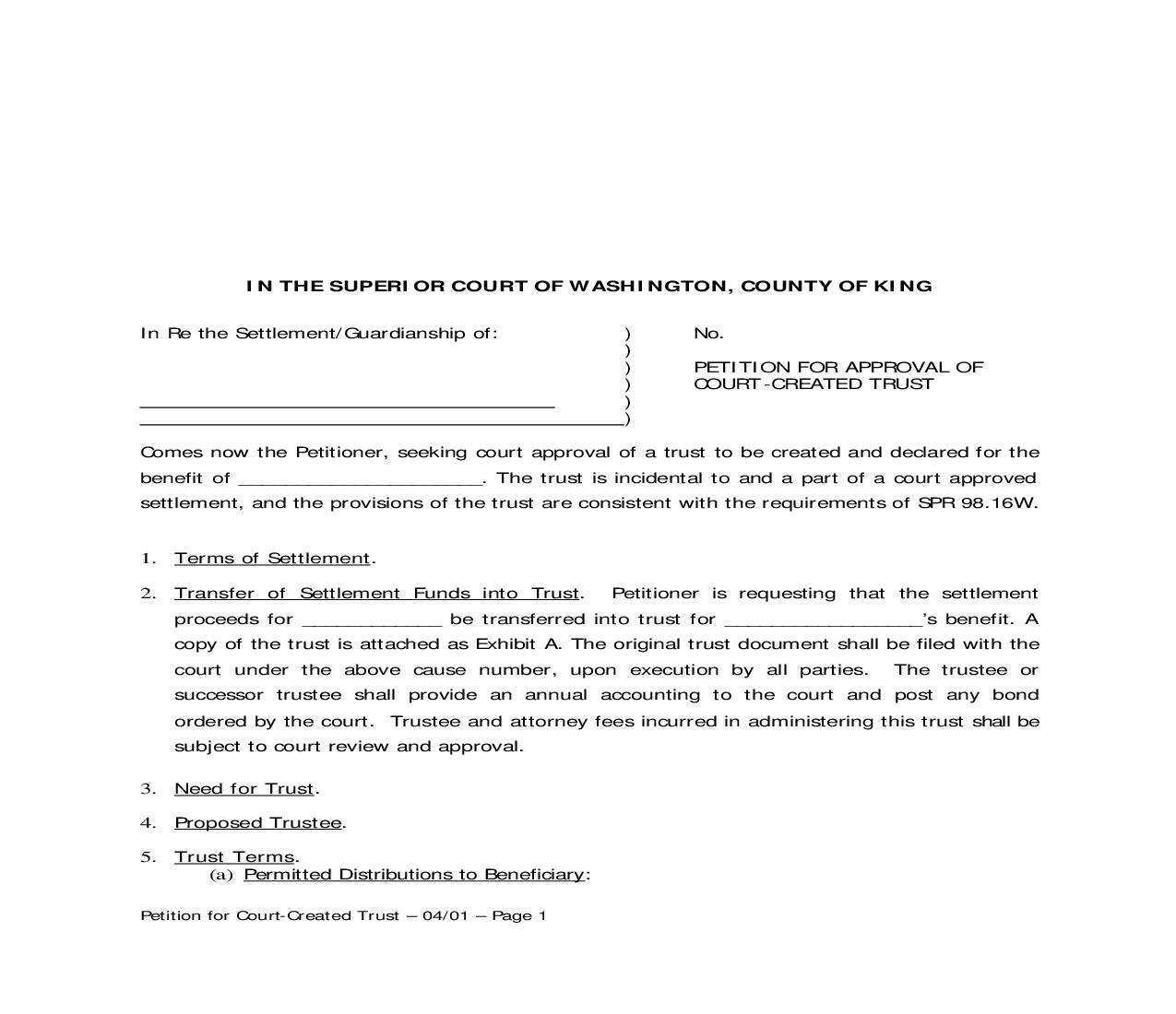 Petition For Approval Of Court Created Trust | Pdf Fpdf Doc Docx | Washington