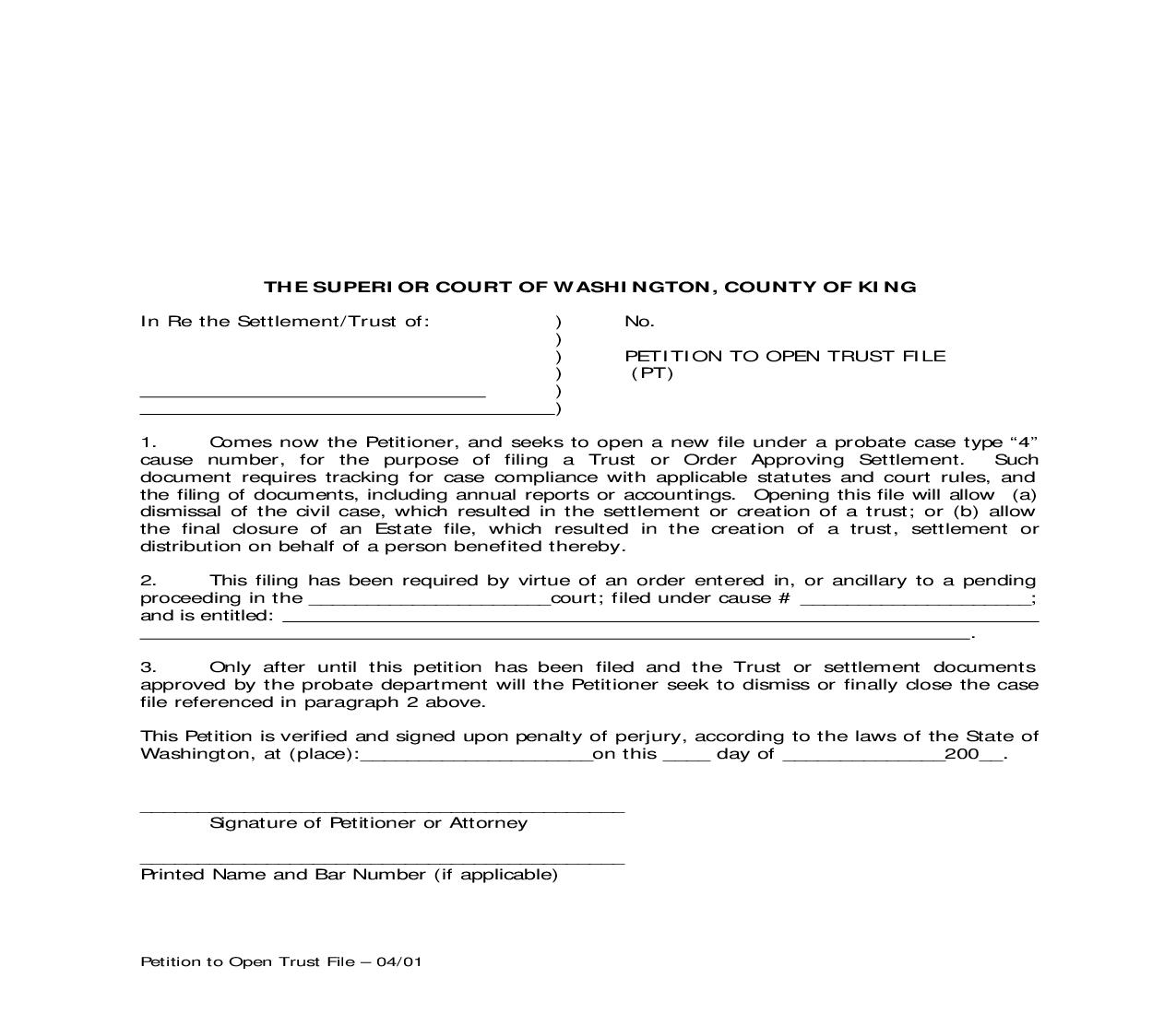 Petition To Open Trust File | Pdf Fpdf Doc Docx | Washington