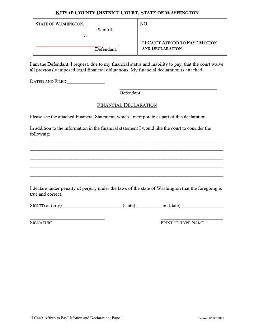 I Cant Afford To Pay Motion And Declaration | Pdf Fpdf Docx | Washington