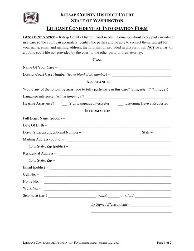 Litigant Confidential Information Form | Pdf Fpdf Docx | Washington