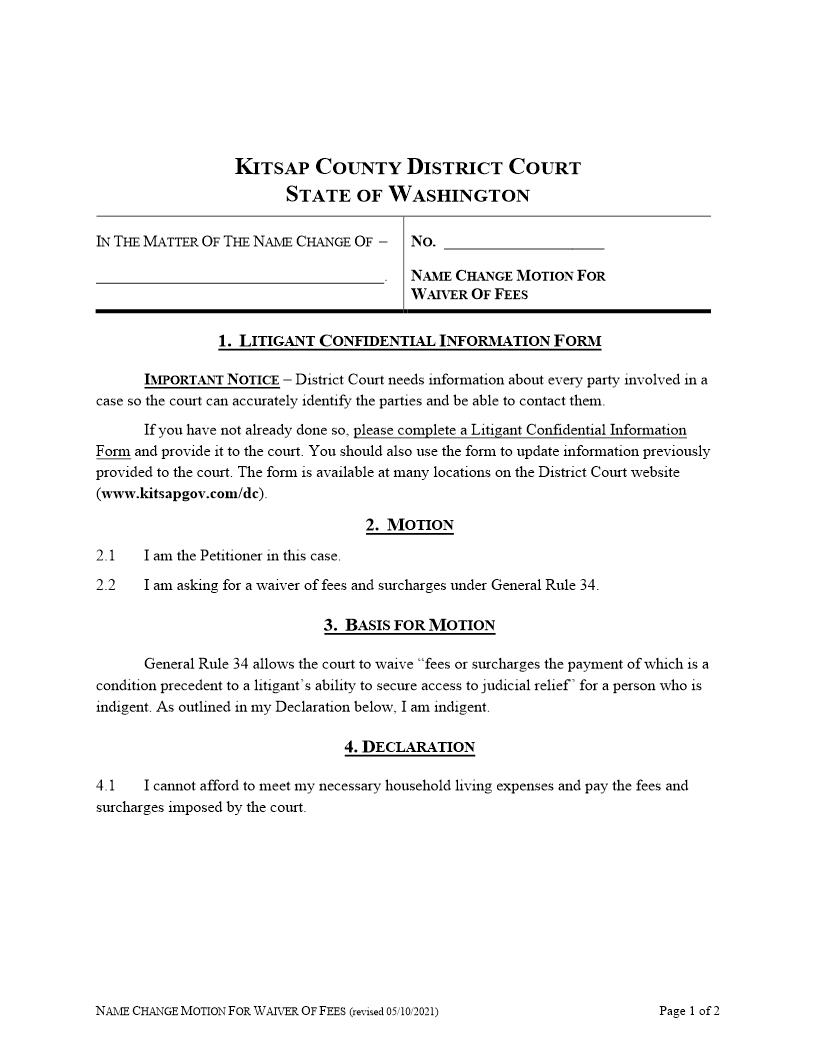 Name Change Motion For Waiver Of Fees | Pdf Fpdf Docx | Washington