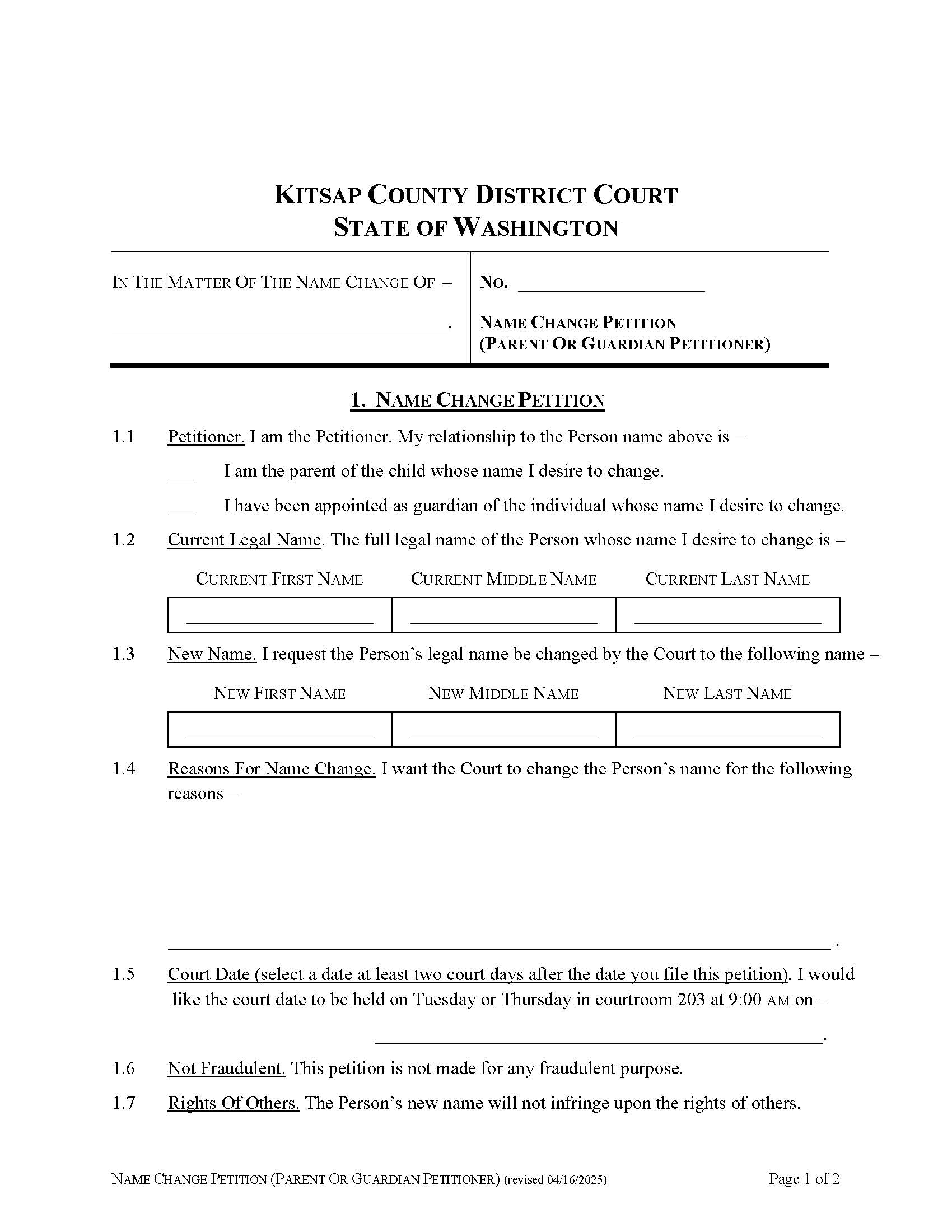 Name Change Petition Parent Or Guardian Petitioner | Pdf Fpdf Docx | Washington