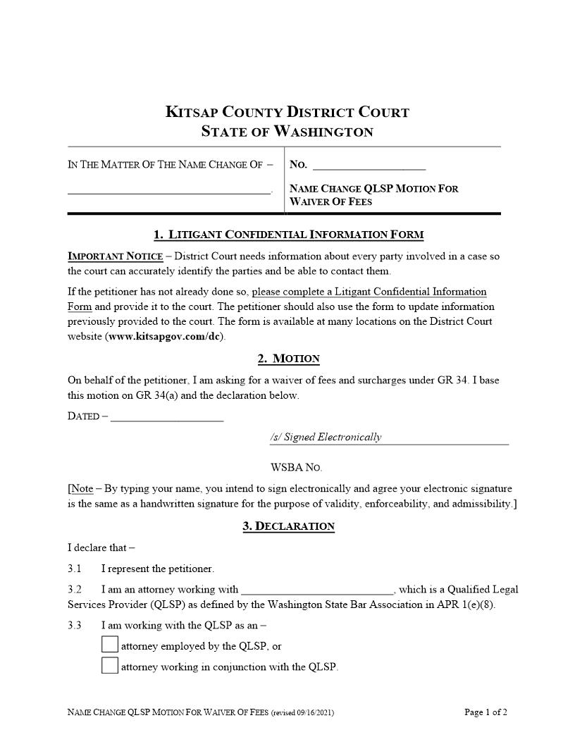 Name Change QLSP Motion For Waiver Of Fees | Pdf Fpdf Docx | Washington