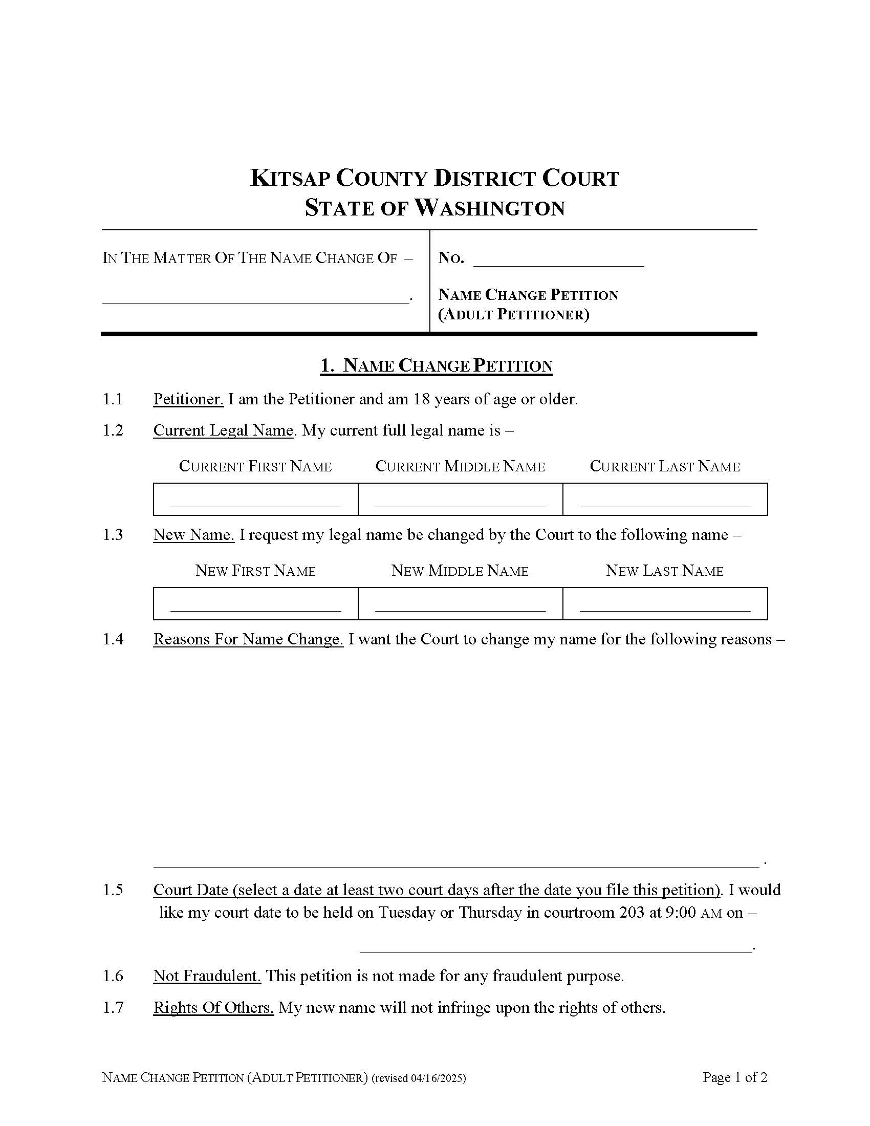 Petition For Change Of Name Adult Petitioner | Pdf Fpdf Doc Docx | Washington