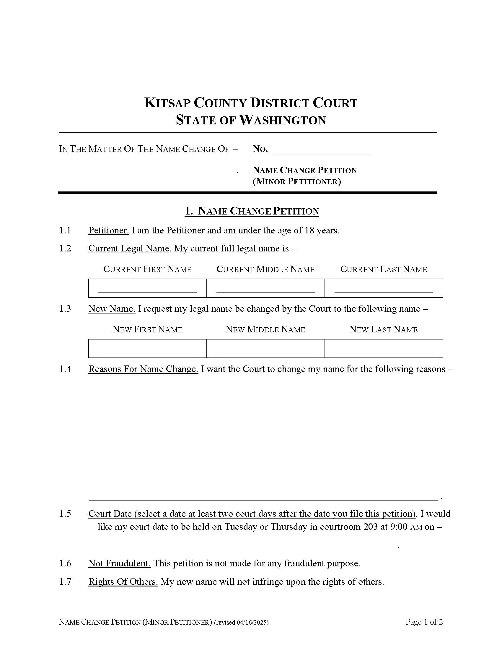 Petition For Change Of Name Minor Petitioner | Pdf Fpdf Doc Docx | Washington