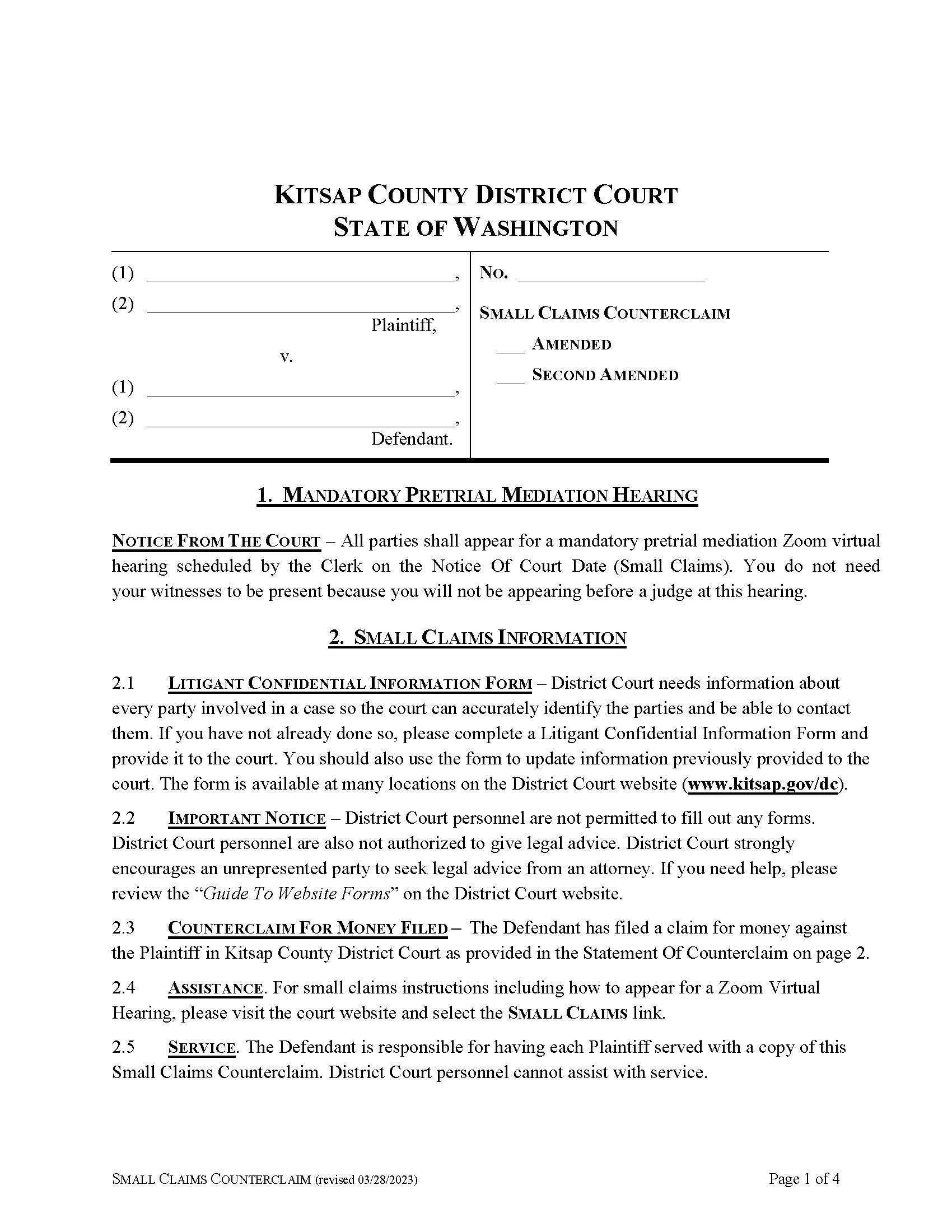 Small Claims Counterclaim | Pdf Fpdf Docx | Washington