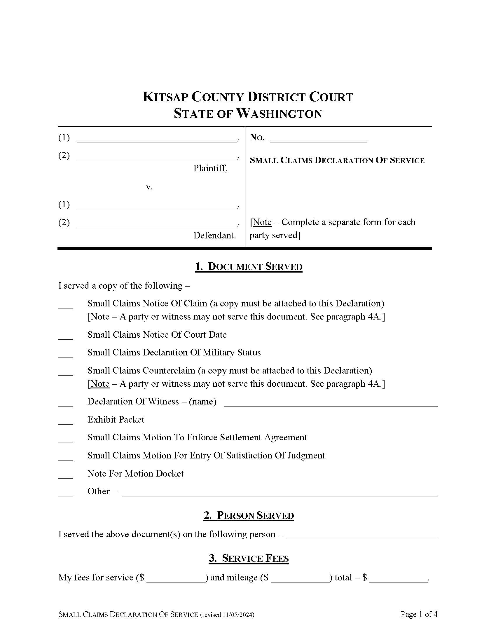 Small Claims Declaration Of Service | Pdf Fpdf Docx | Washington