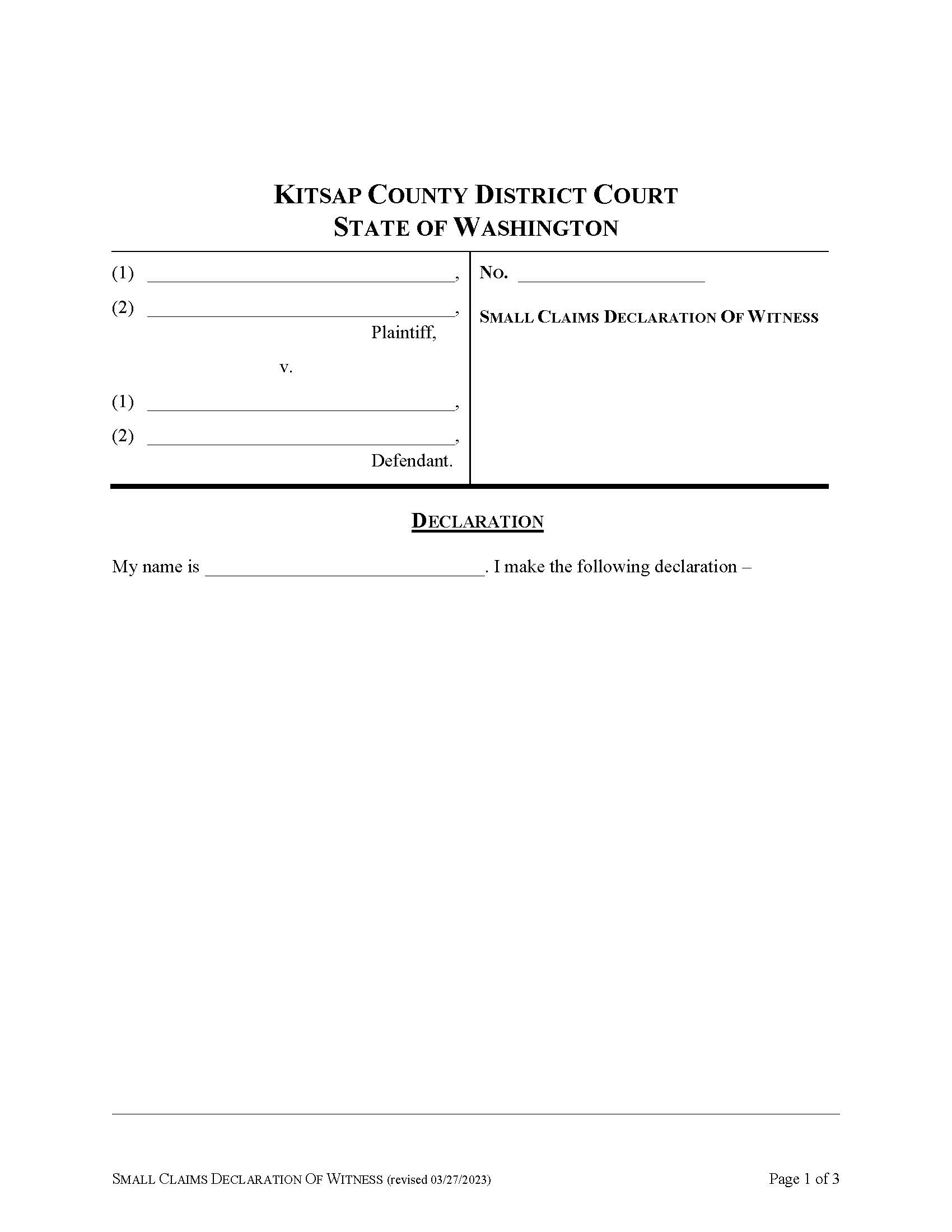 Small Claims Declaration Of Witness | Pdf Fpdf Docx | Washington