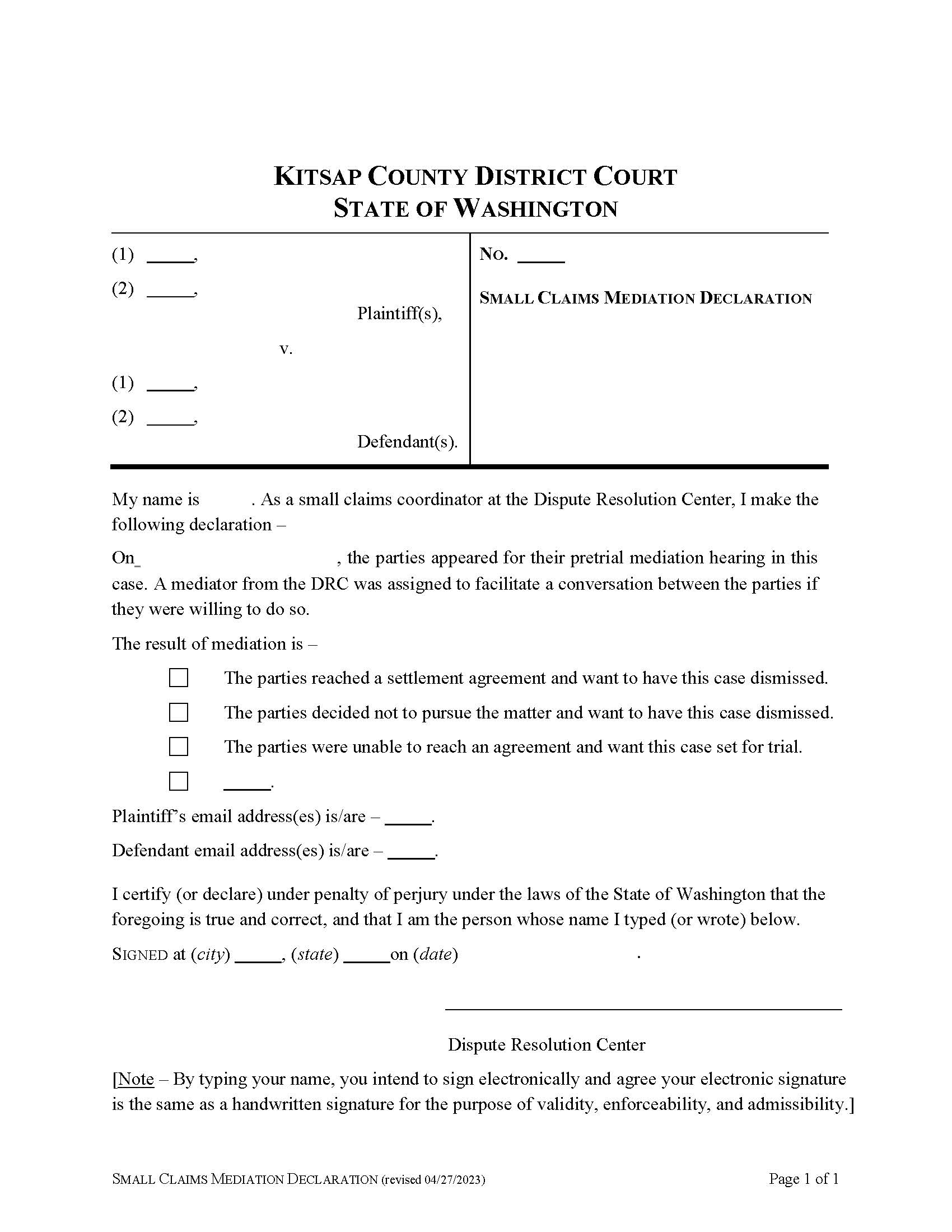 Small Claims Mediation Declaration | Pdf Fpdf Docx | Washington