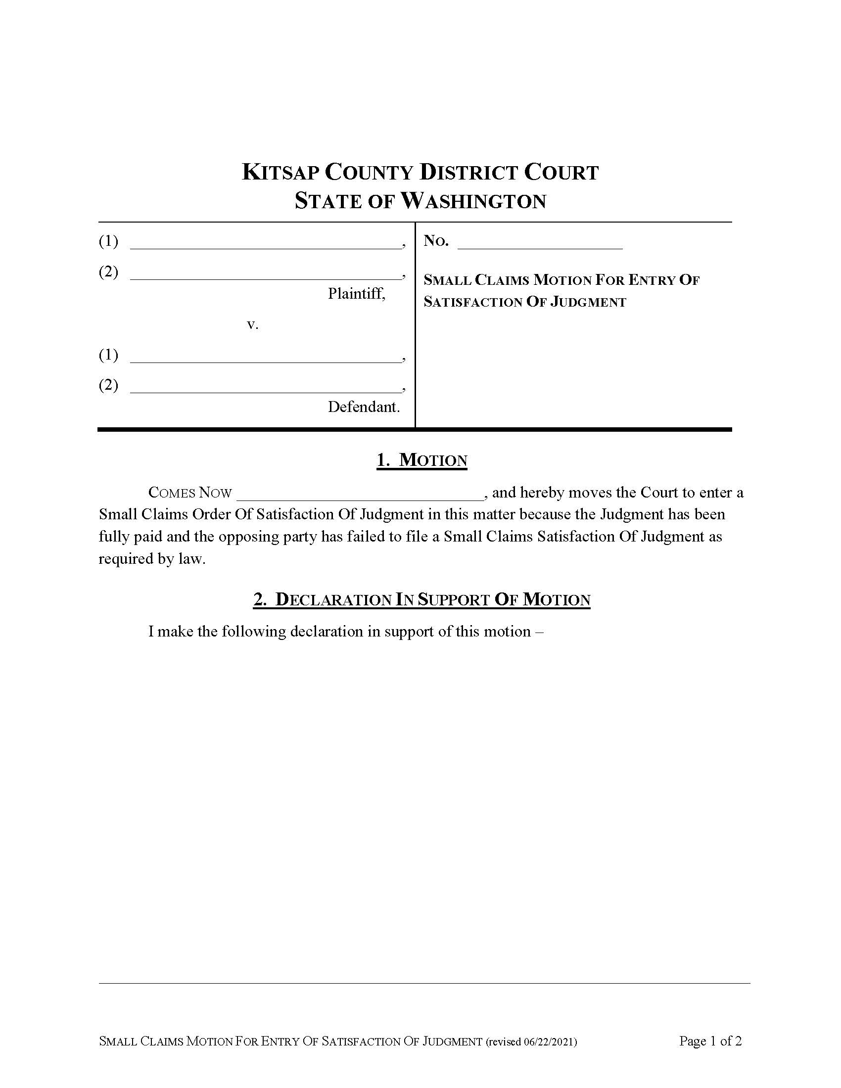 Small Claims Motion For Entry Of Satisfaction Of Judgment | Pdf Fpdf Docx | Washington