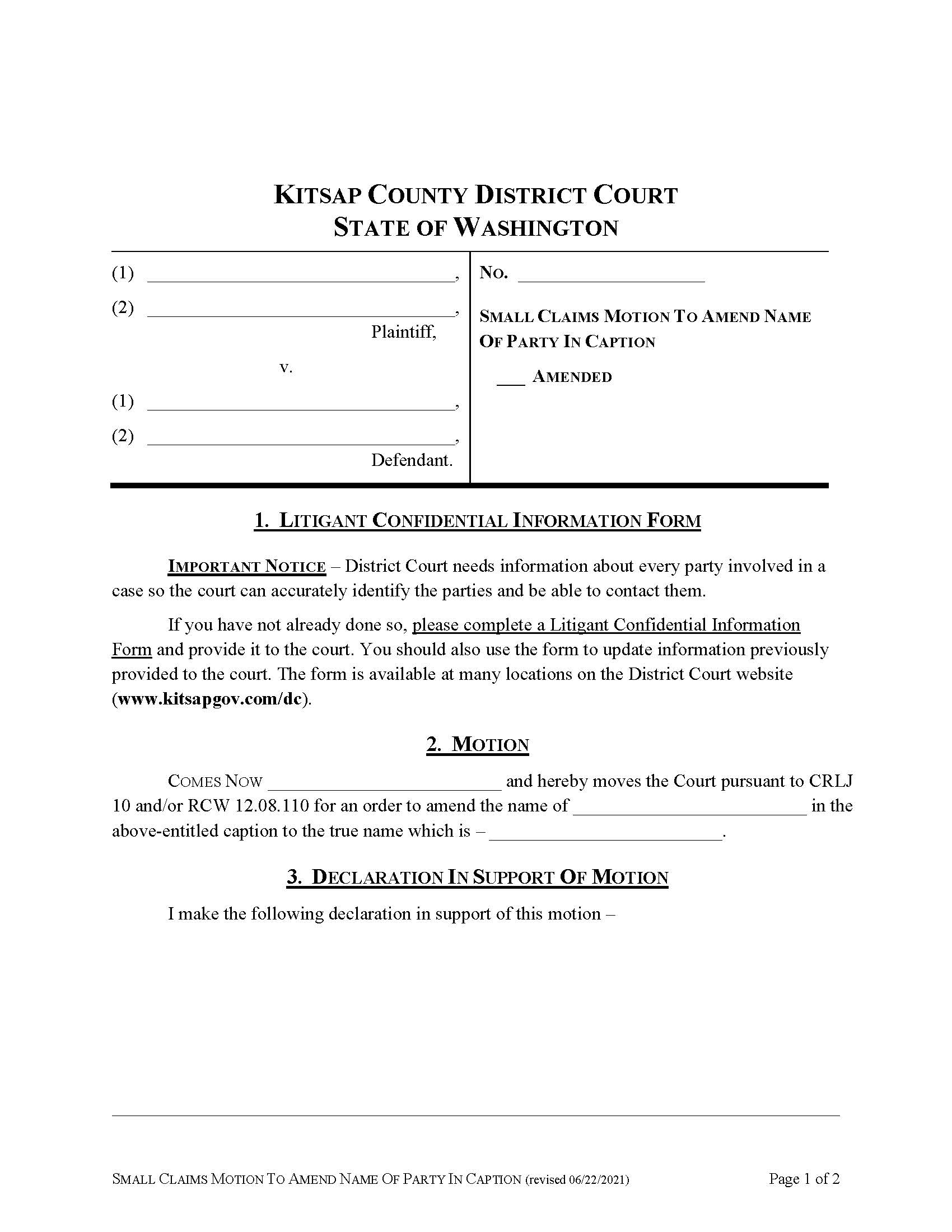Small Claims Motion To Amend Name Of Party In Caption | Pdf Fpdf Docx | Washington