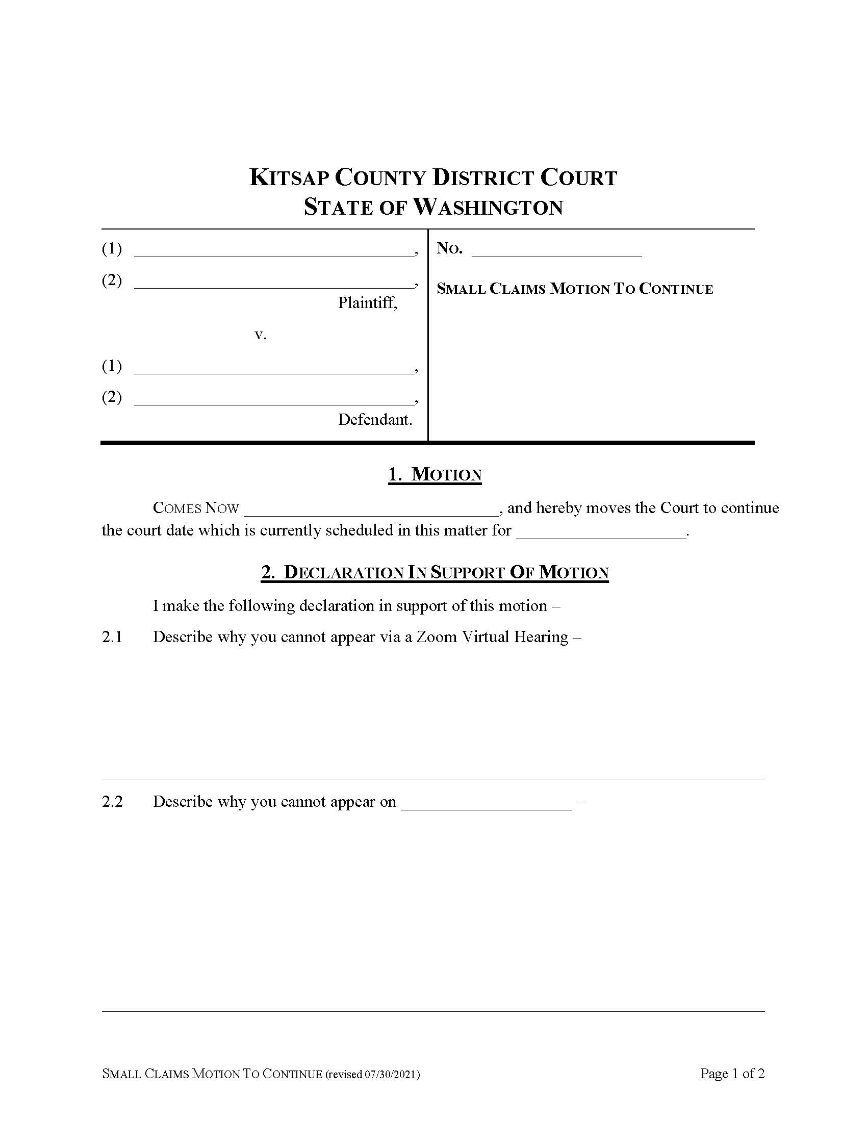 Small Claims Motion To Continue | Pdf Fpdf Docx | Washington