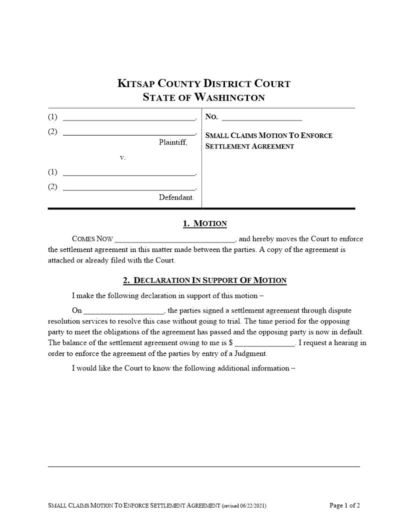 Small Claims Motion To Enforce Settlement Agreement | Pdf Fpdf Docx | Washington