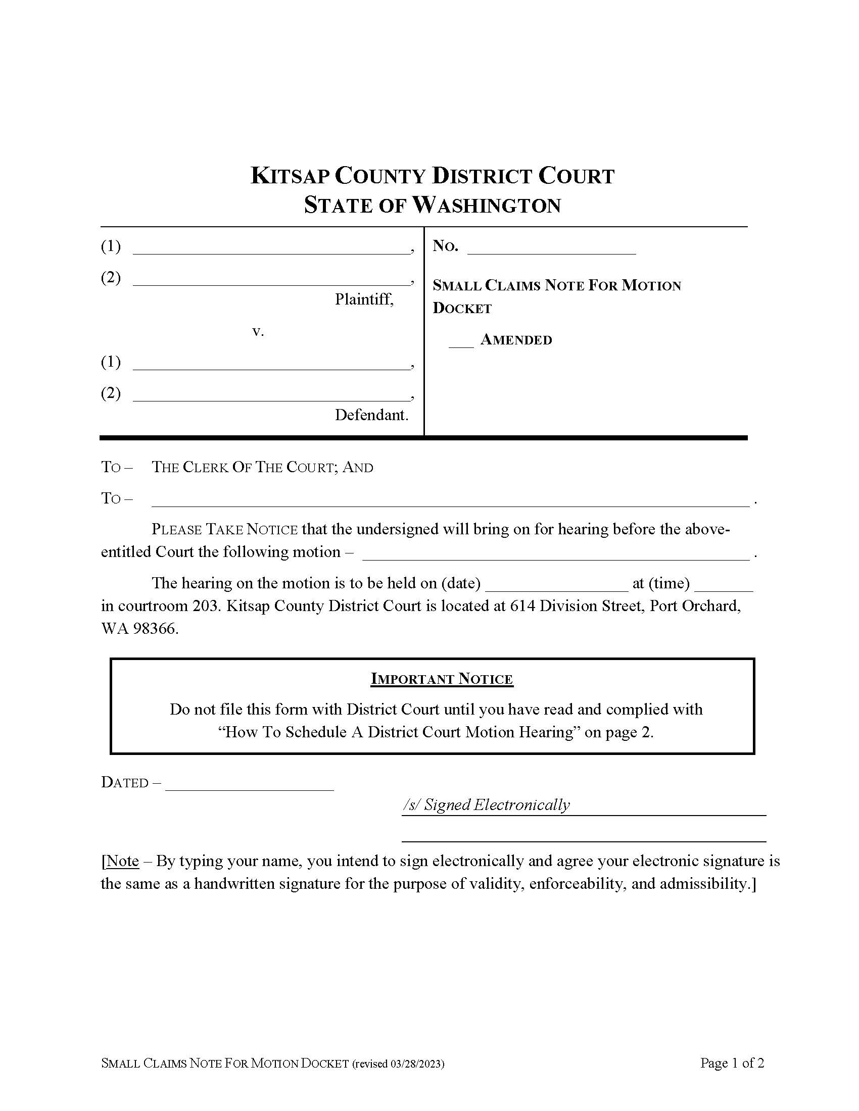 Small Claims Note For Motion Docket | Pdf Fpdf Docx | Washington