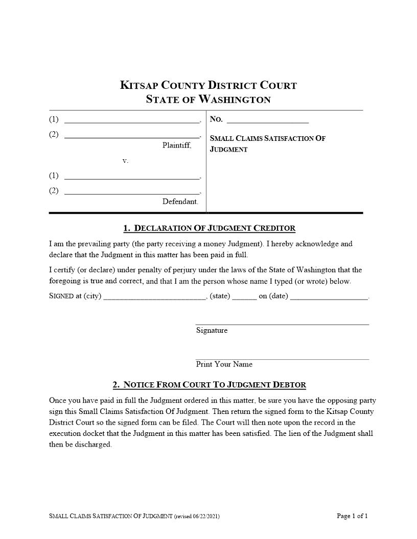 Small Claims Satisfaction Of Judgment | Pdf Fpdf Docx | Washington