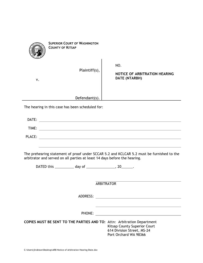 Notice Of Arbitration Hearing Date | Pdf Fpdf Doc Docx | Washington