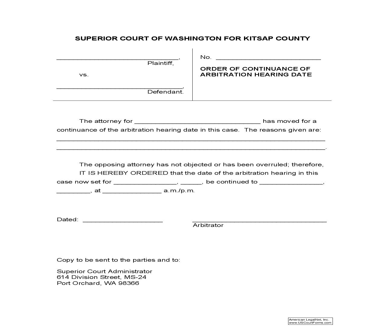 Order Of Continuance Of Arbitration Hearing Date | Pdf Fpdf Doc Docx | Washington