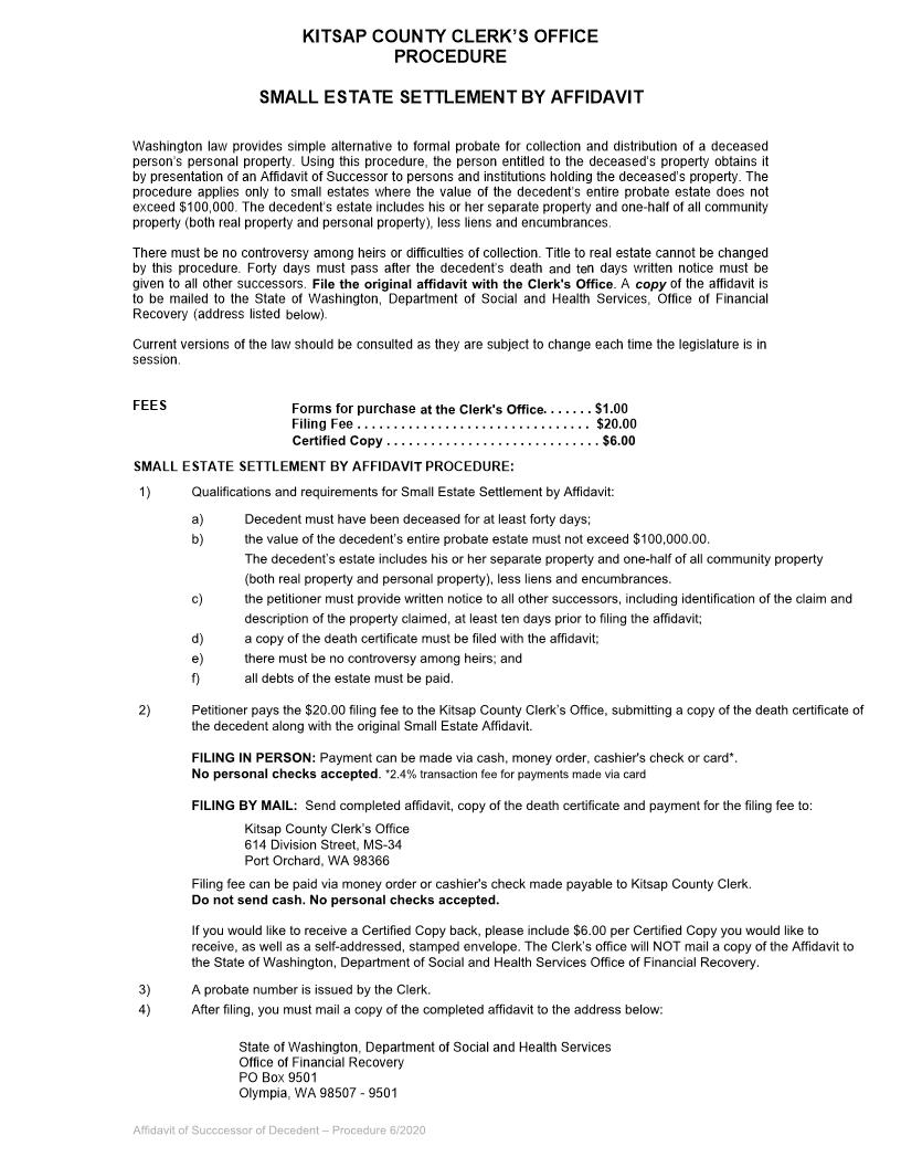 Affidavit Of Successor Of Decedent Small Estate | Pdf Fpdf Doc Docx | Washington