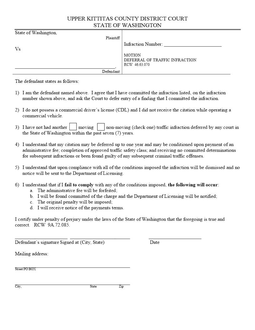Motion Deferral Traffic Infraction | Pdf Fpdf Docx | Washington