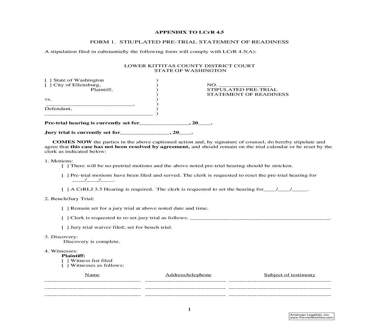 Stipulated Pre Trial Statement Of Readiness | Pdf Fpdf Doc Docx | Washington