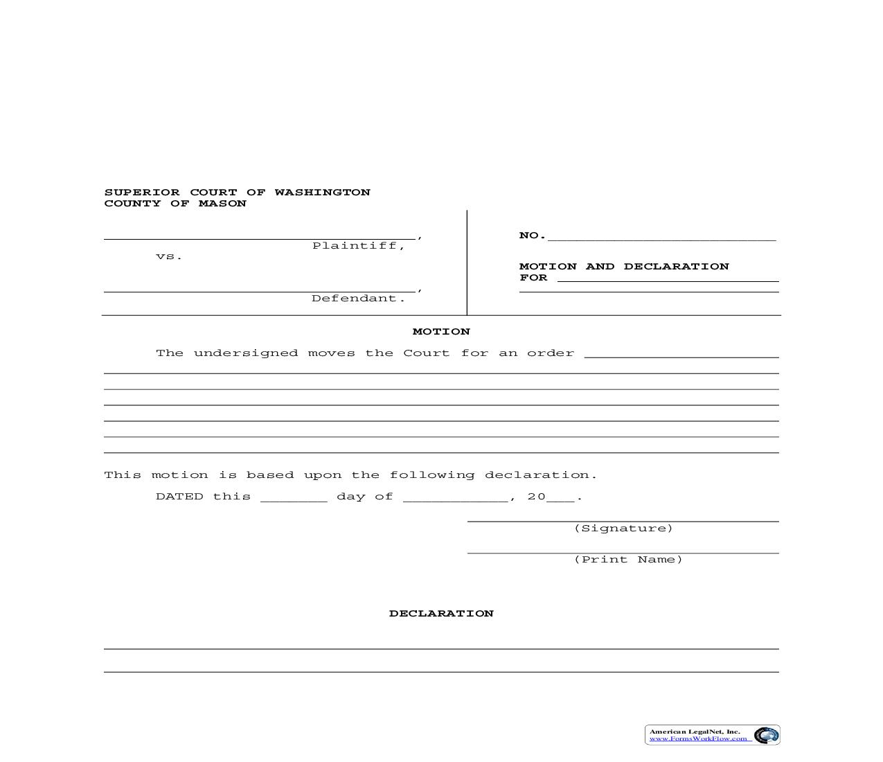 Motion And Declaration For (Blank) | Pdf Fpdf Doc Docx | Washington