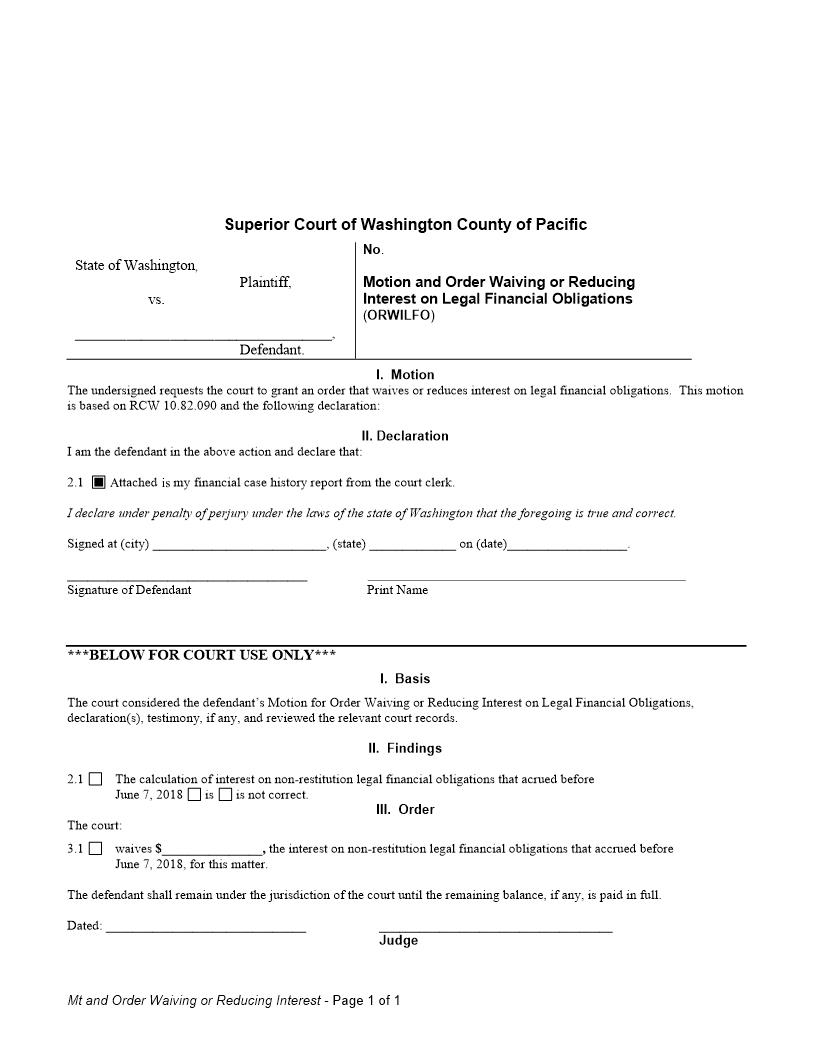Motion And Order Waiving Reducing Interest | Pdf Fpdf Docx | Washington
