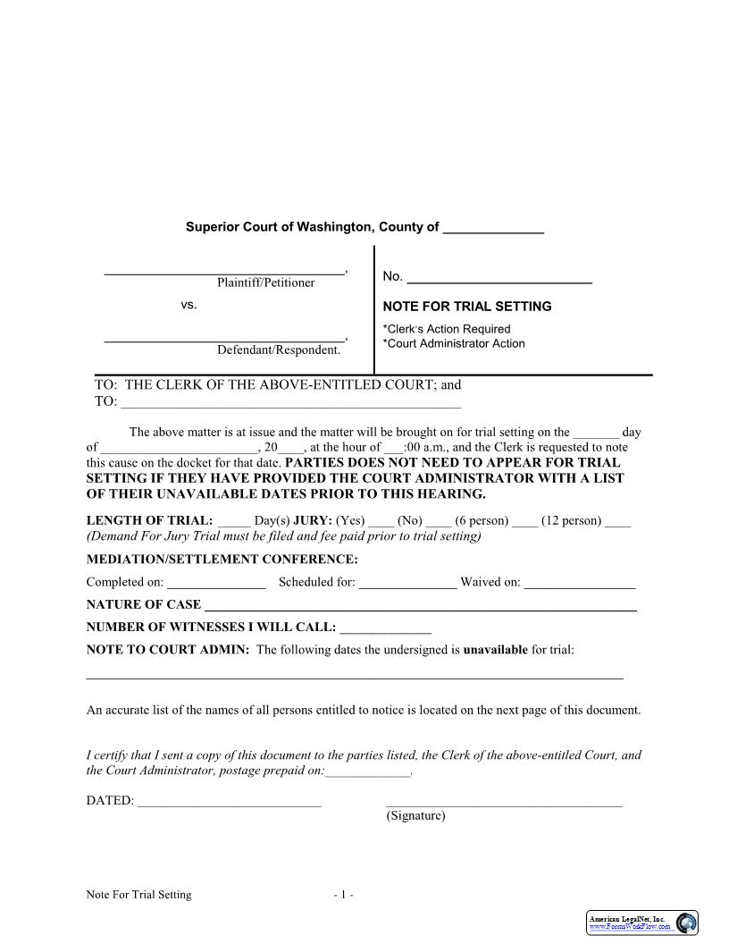 Note For Trial Setting | Pdf Fpdf Docx | Washington